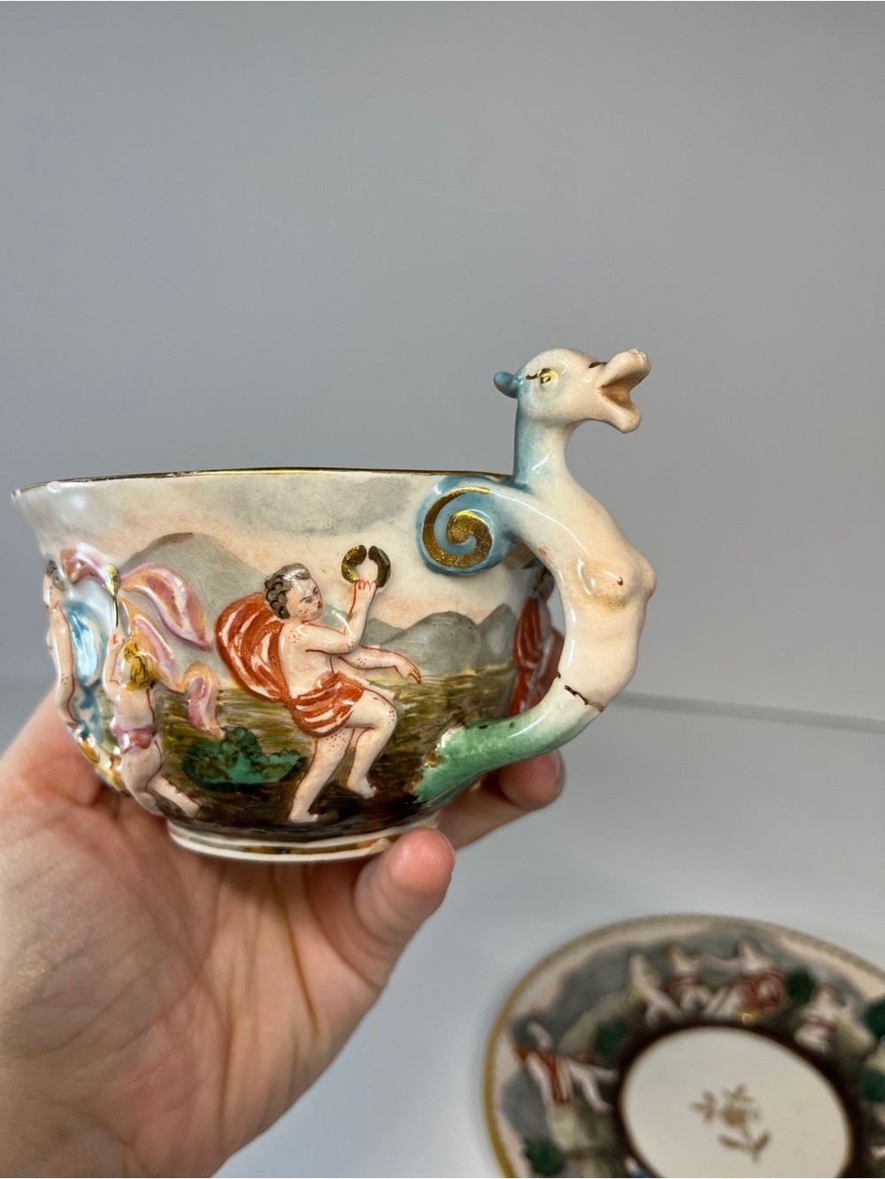 Vintage Capodimonte Italy Demitasse Teacup & Saucer MAS Cherub Dragon Handle MCM