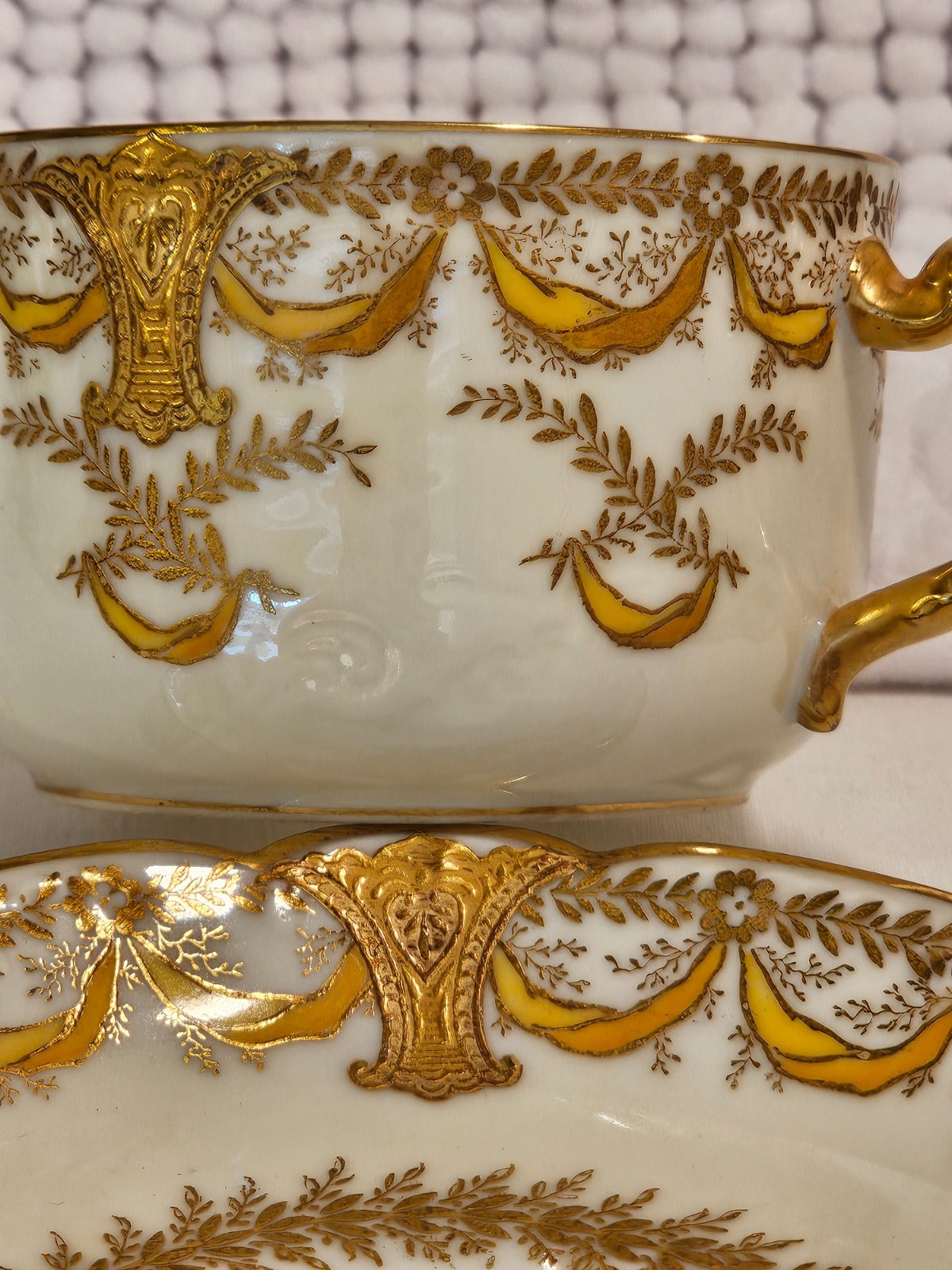 Bouillon cups w/ saucers, set of three, vintage china, Haviland, Vignaud, Saxe