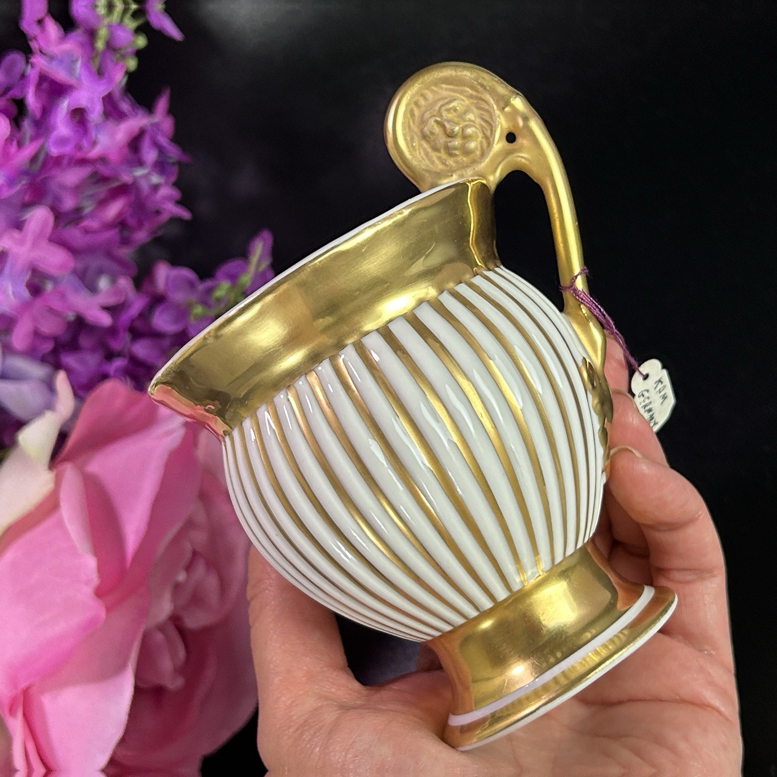 Antique Royal Porzellan Manufaktur RPM Lion Handle Cup Gold Stripes 4 3/8”