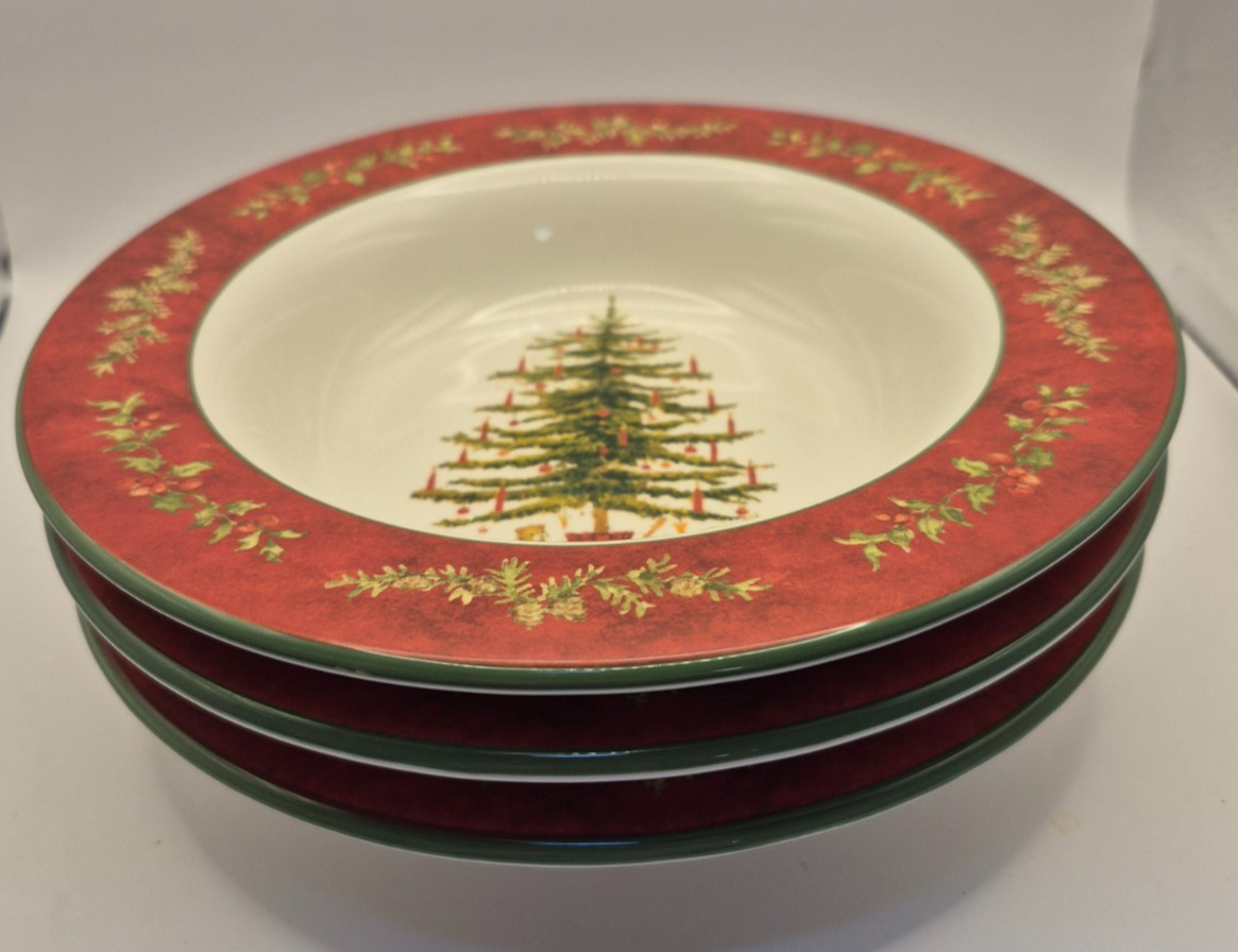 Holiday Home Betty Whiteaker Rimmed Soup Bowls 8.75″ Christmas Tree Set of 3