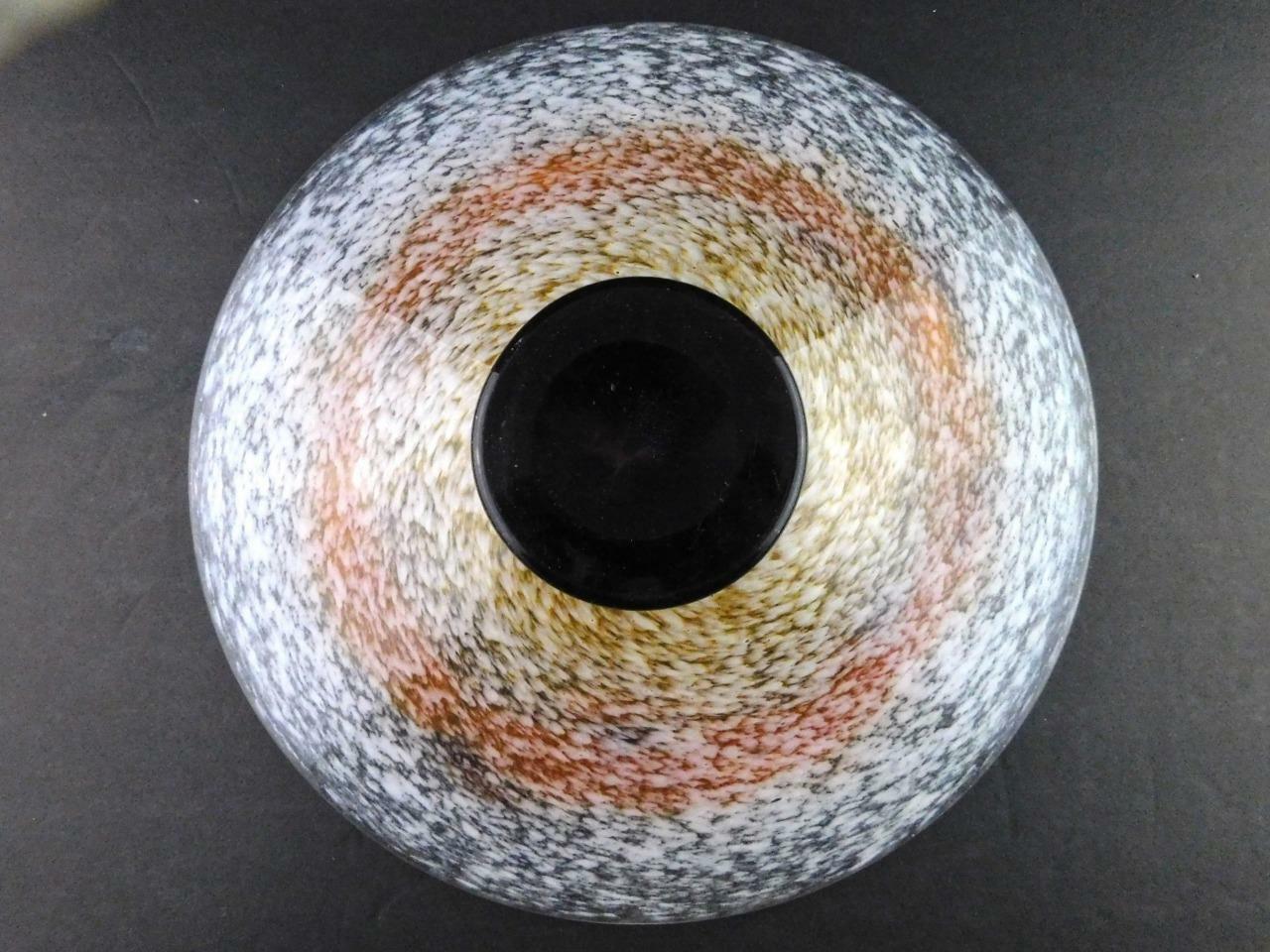 Vintage Art Glass Footed Dish or Stand White Orange Swirl Pattern Unsigned