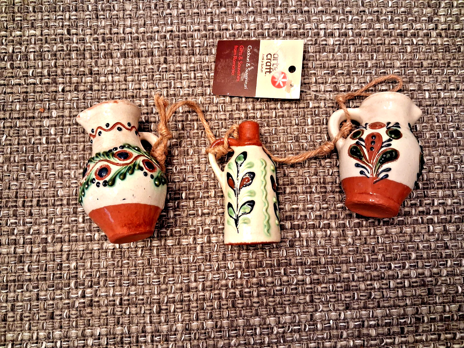 Set of 3 Miniature Romanian Hand-Painted Floral Pottery Jugs 3 Inches