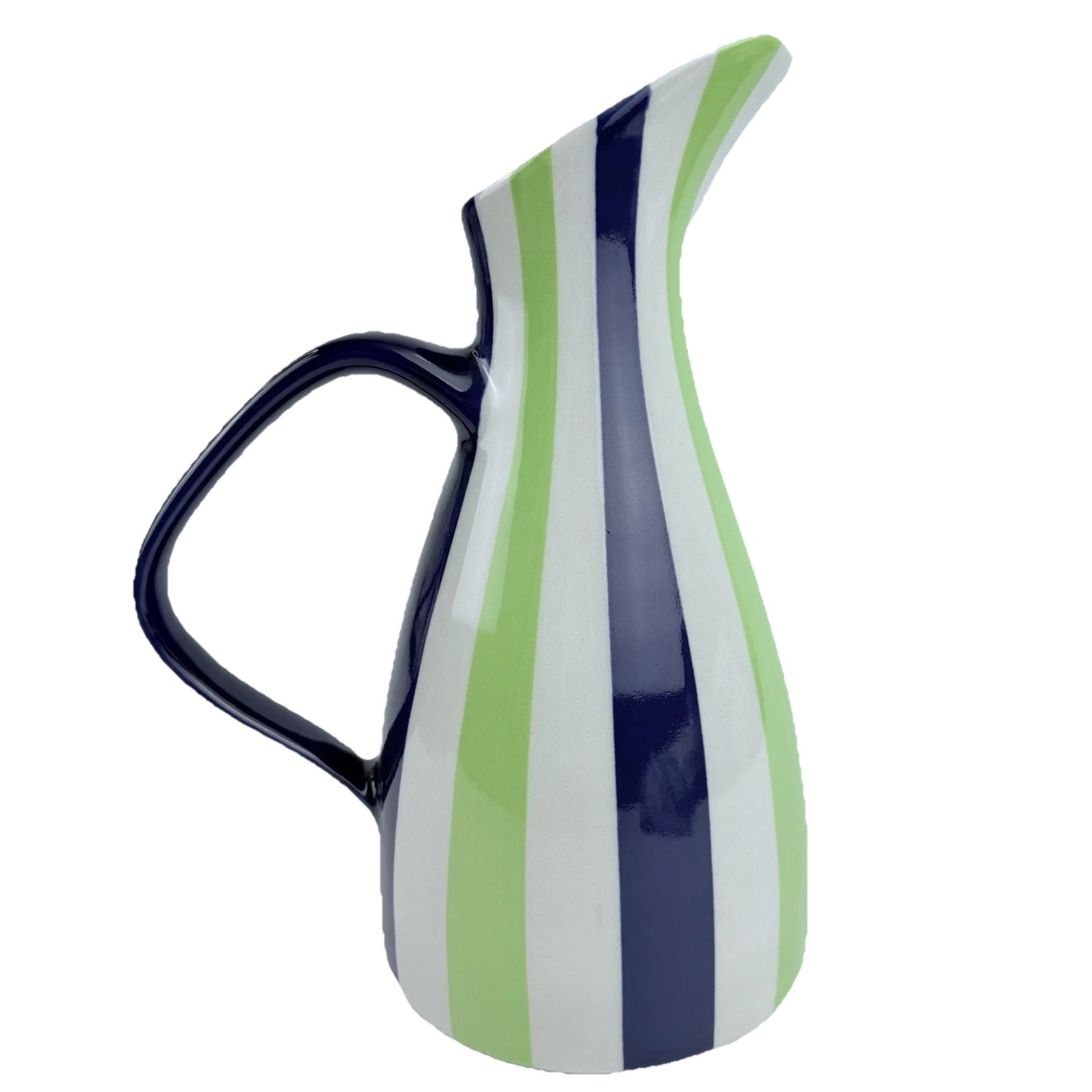 Vintage Jonathan Adler Ceramic Pitcher Pot Porter Green Blue White Stripes 9.5”