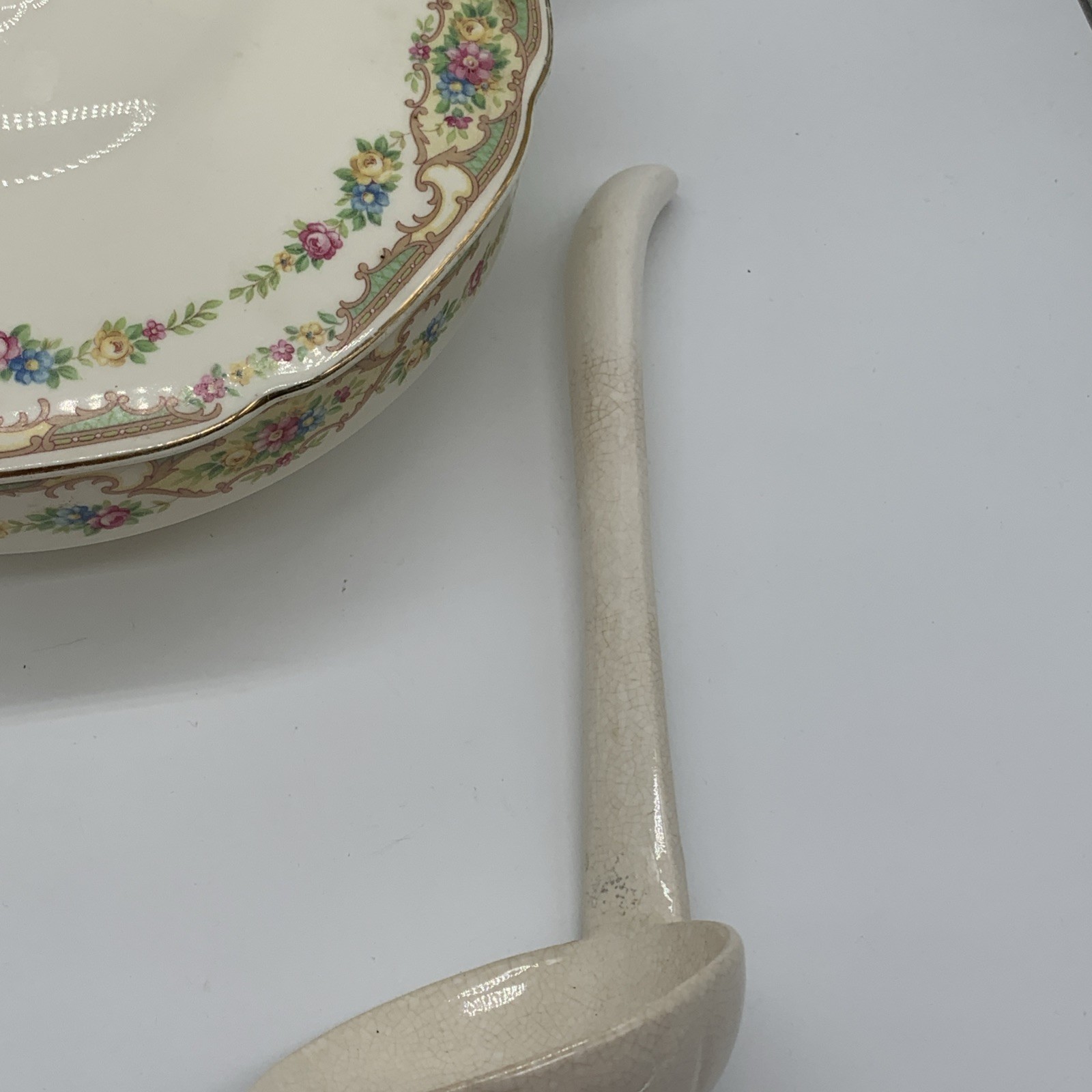 Vintage Ceramic Covered Vegetable Mildred Style, Ladle, Aged Prominent Crazing