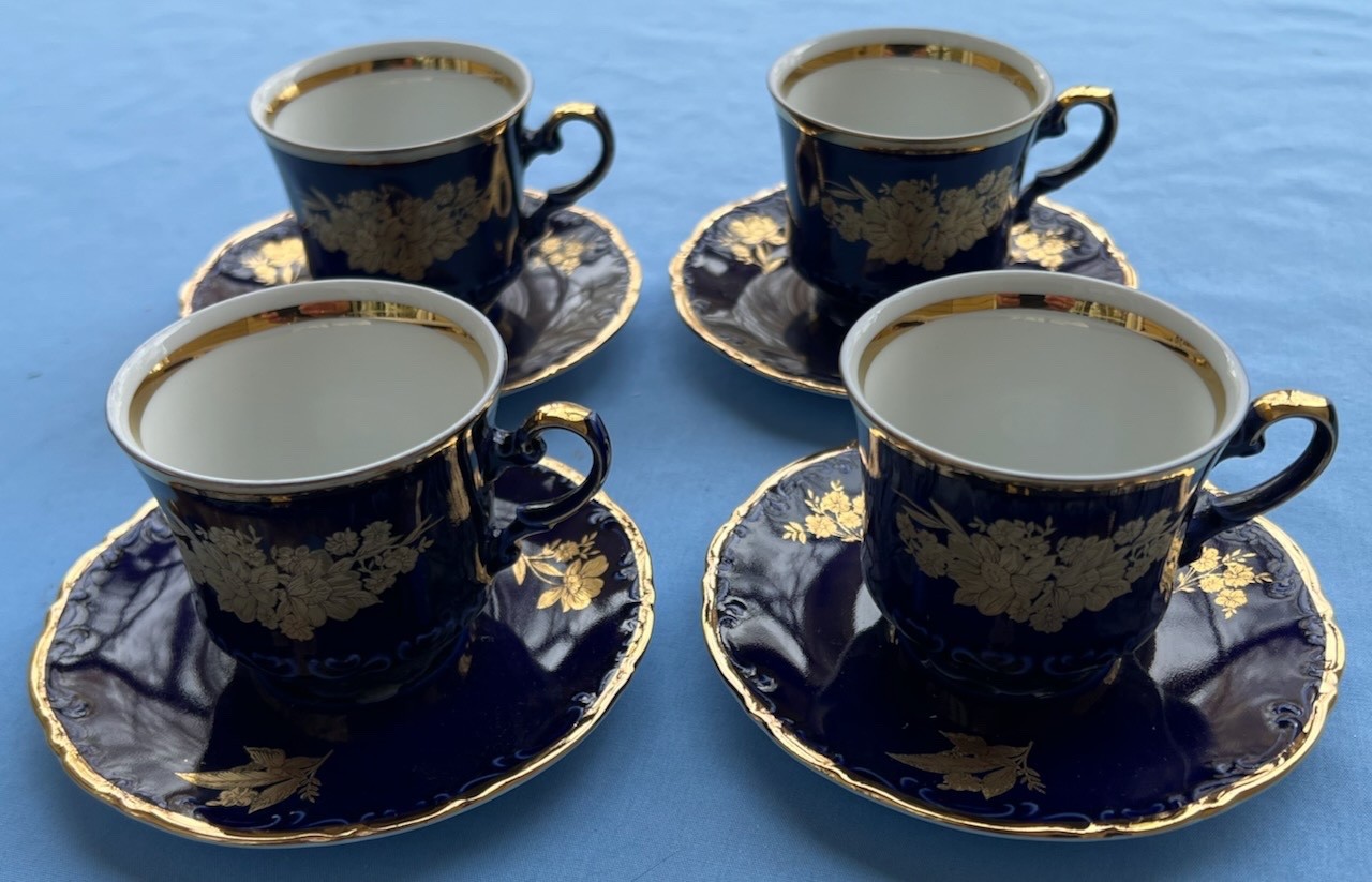 4 Mitterteich Bavaria Cobalt Echt Gold Wildflowers Demitasse Cup & Saucer Sets