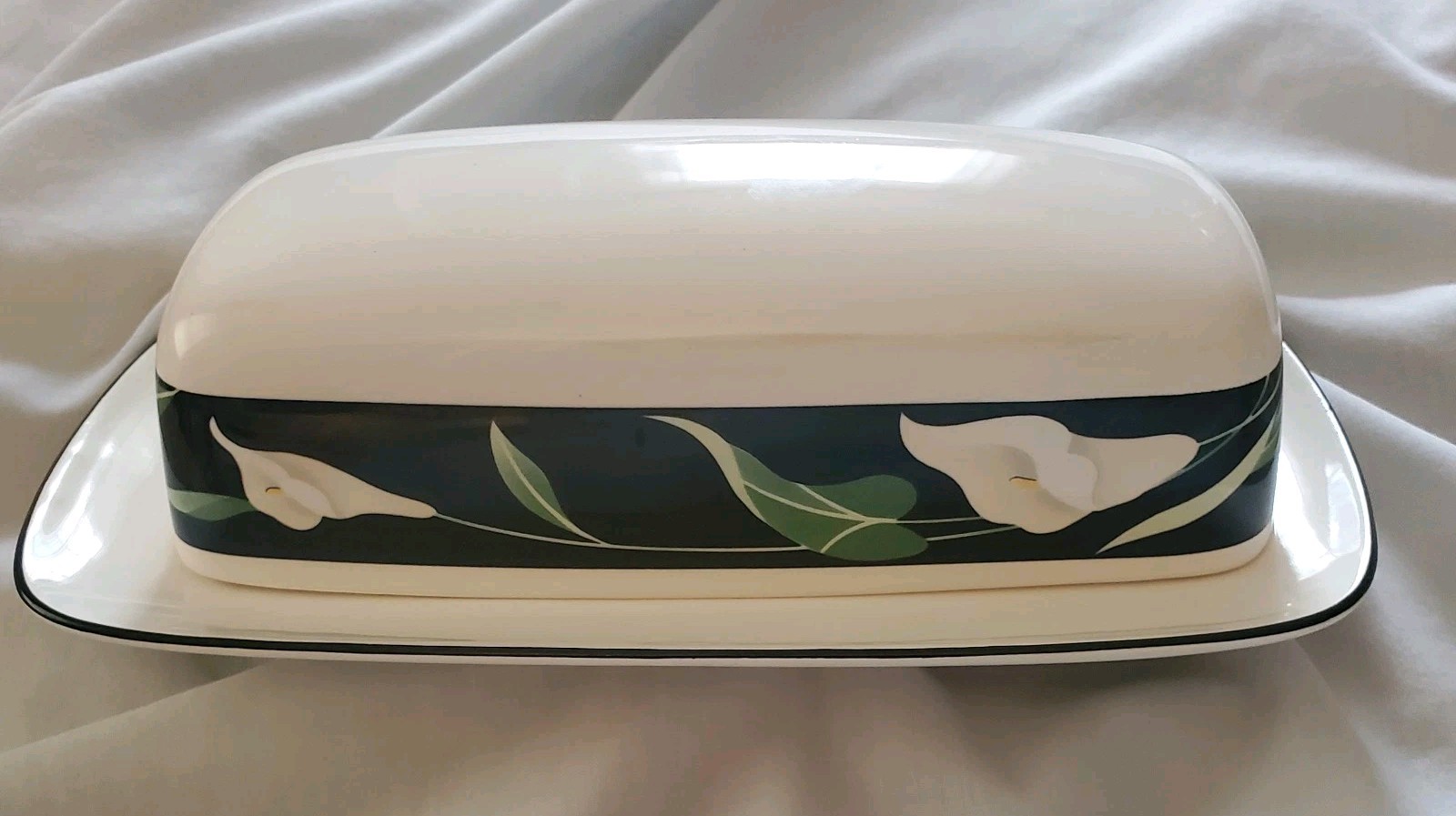 Sango Black Lilies Quadrille Covered Butter Salt Pepper Set 1984-1994 Scarce Lot
