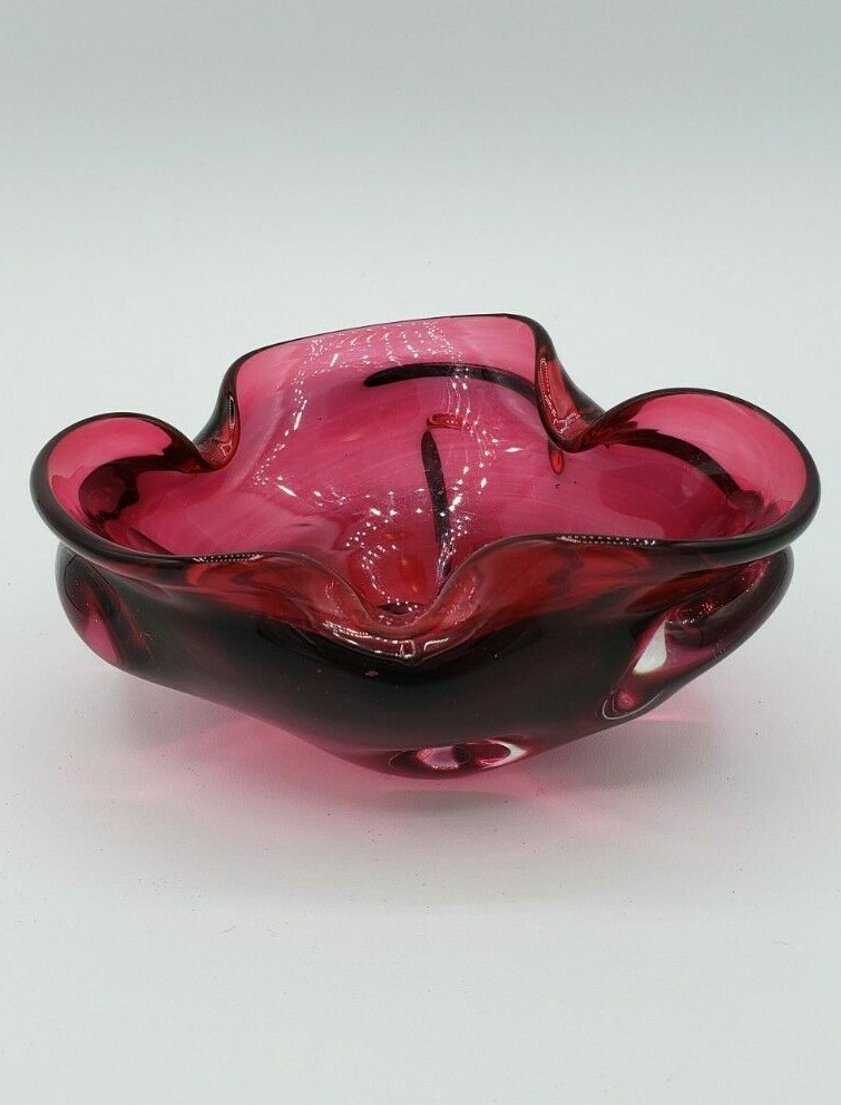 Vintage Murano Art Glass Pinch Bowl Purple Pink Ashtray Pinched Sides Strawberry