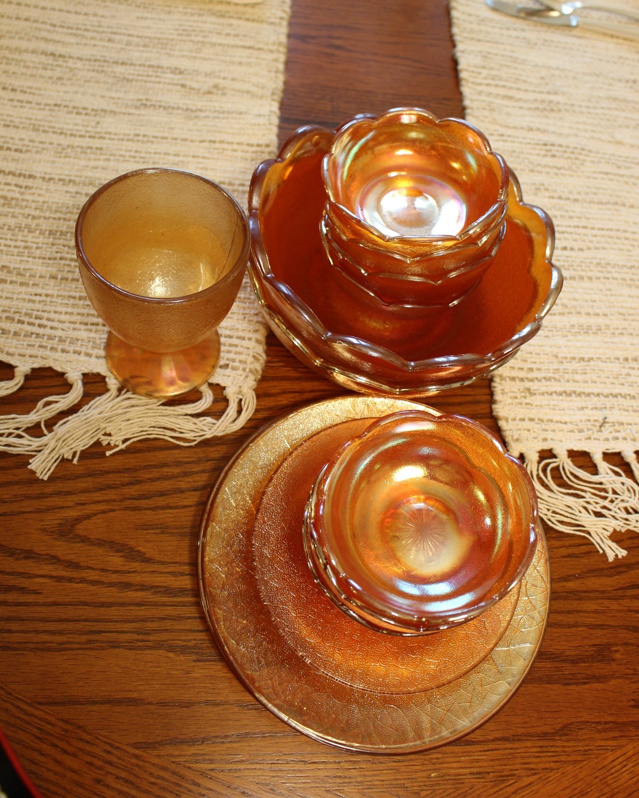 Jeannette Crackle Marigold Carnival Glass Lot Bowls Plates Goblet Candy Dish
