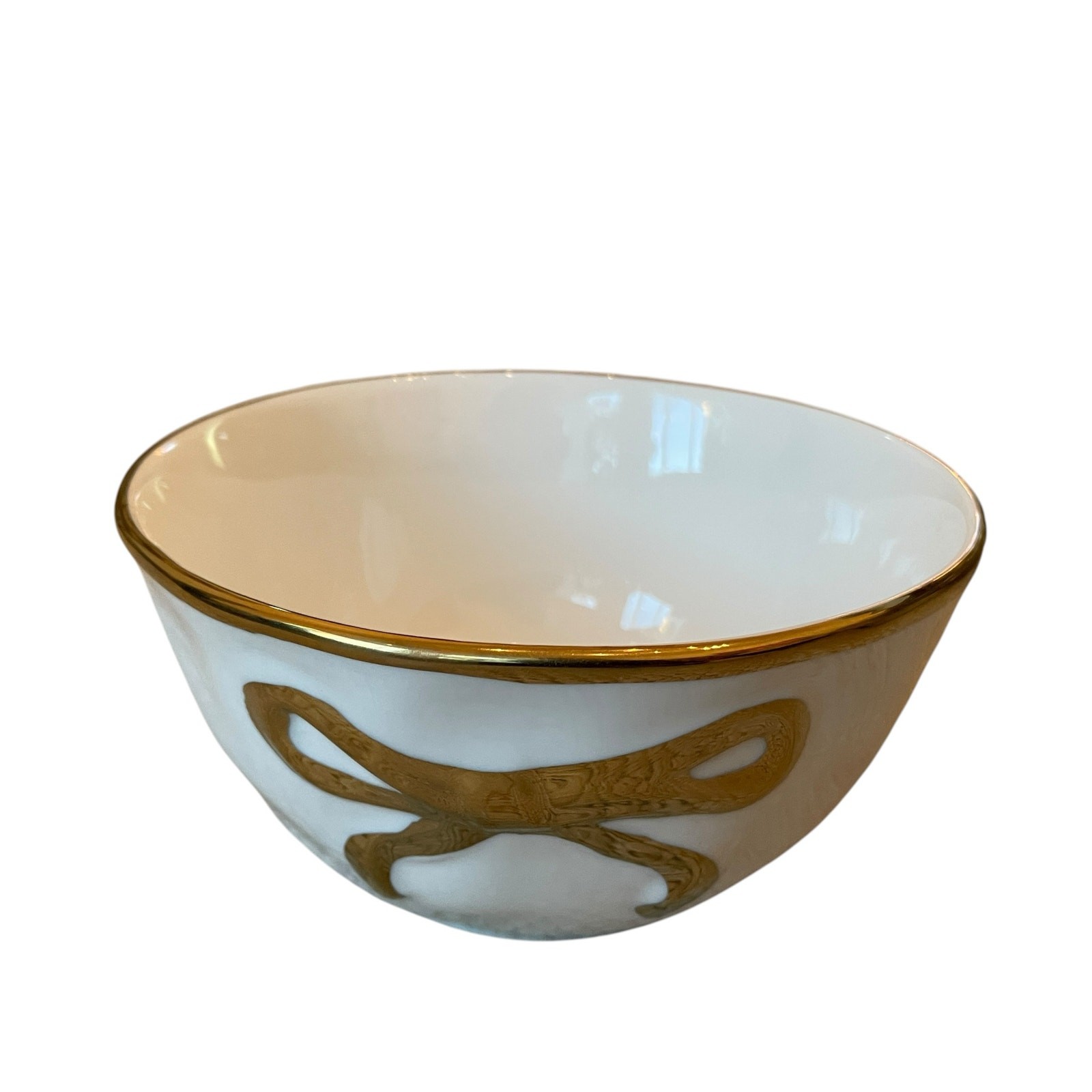 Hand Painted Coquette GOLD BOW Salad Bowls 6.25in White Ceramic Set of 4 NEW