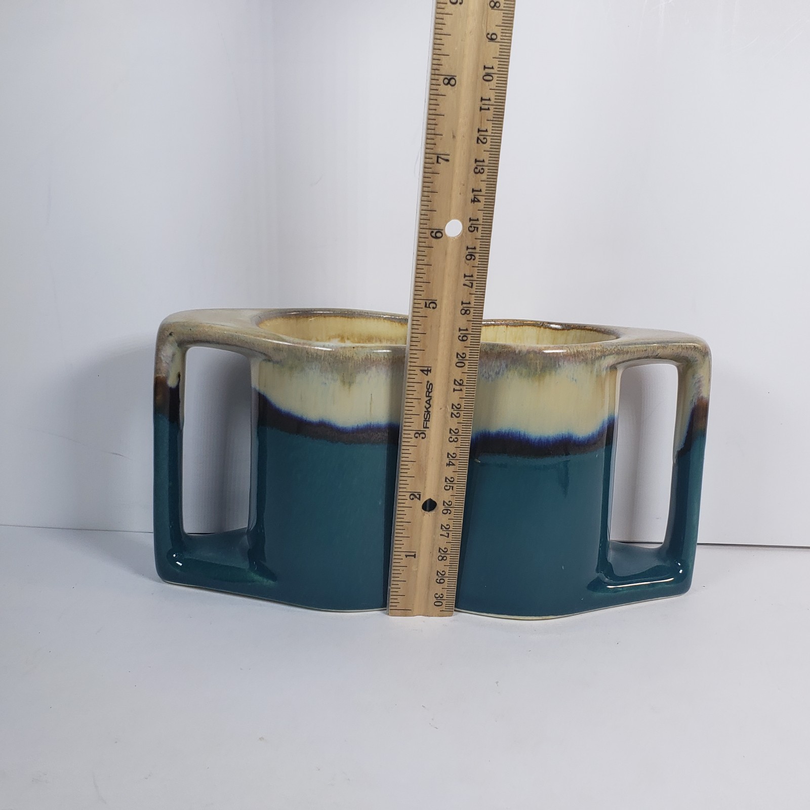 2 Rodolfo Padilla Coffee Mugs Green Blue Beige Drip Glaze Pottery Stoneware READ