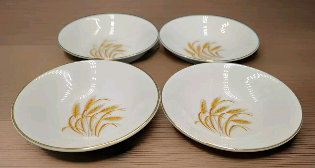 Set of 4 Homer Laughlin Golden Wheat Berry Dessert Bowls 22K Gold Trim USA READ