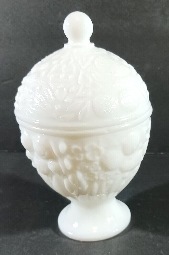 Vintage MILK GLASS COMPOTE CANDY DISH WITH LID Flowers Small White Pedestal Avon