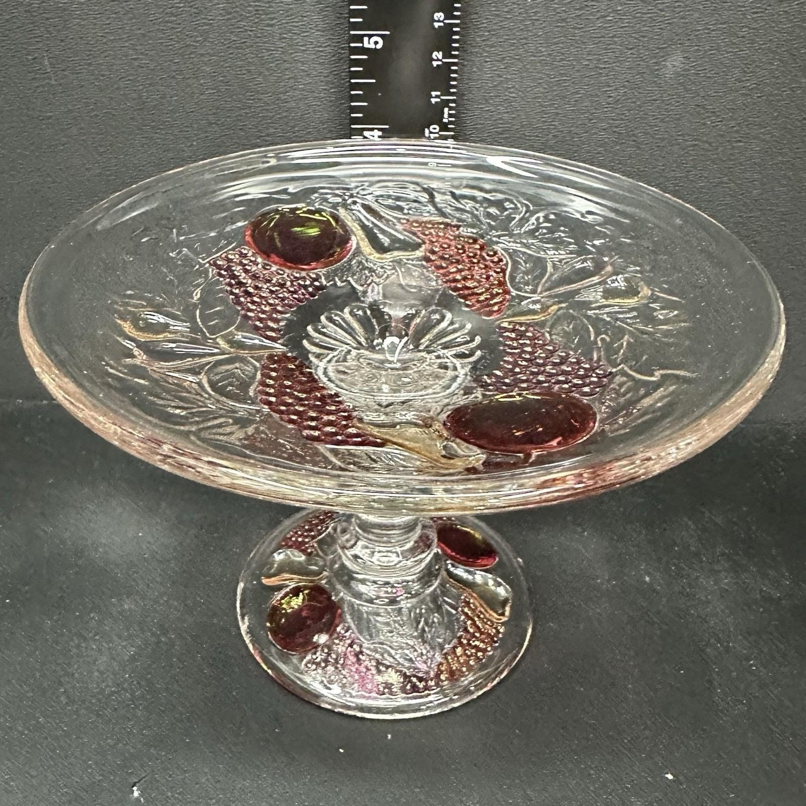 Westmoreland Della Robbia 6″ Ruby Flashed Glass Compote w/Embossed Fruit Vintage