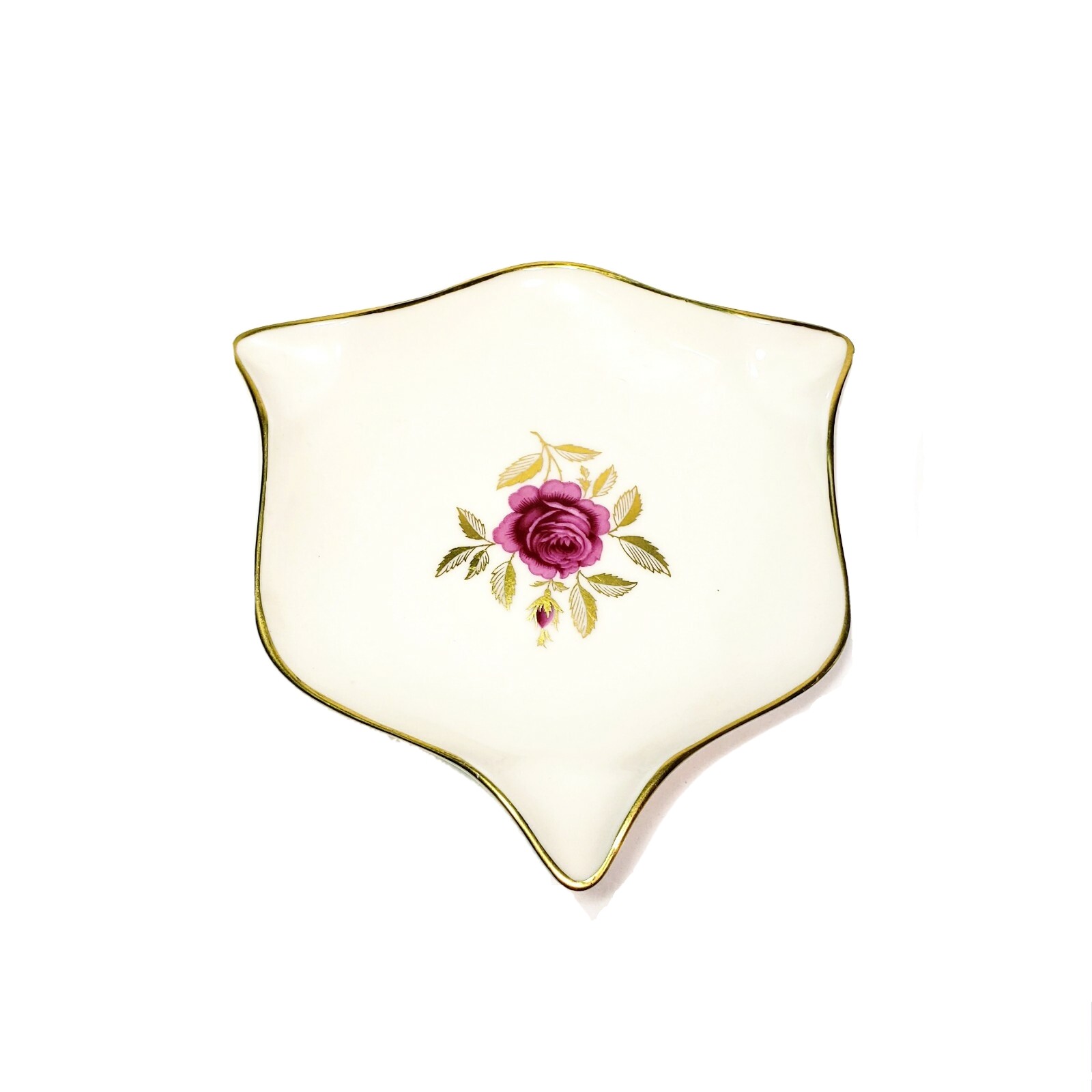 Lenox White Ivory Candy Dish Red Rose Pattern with Gold Inlay USA Vintage