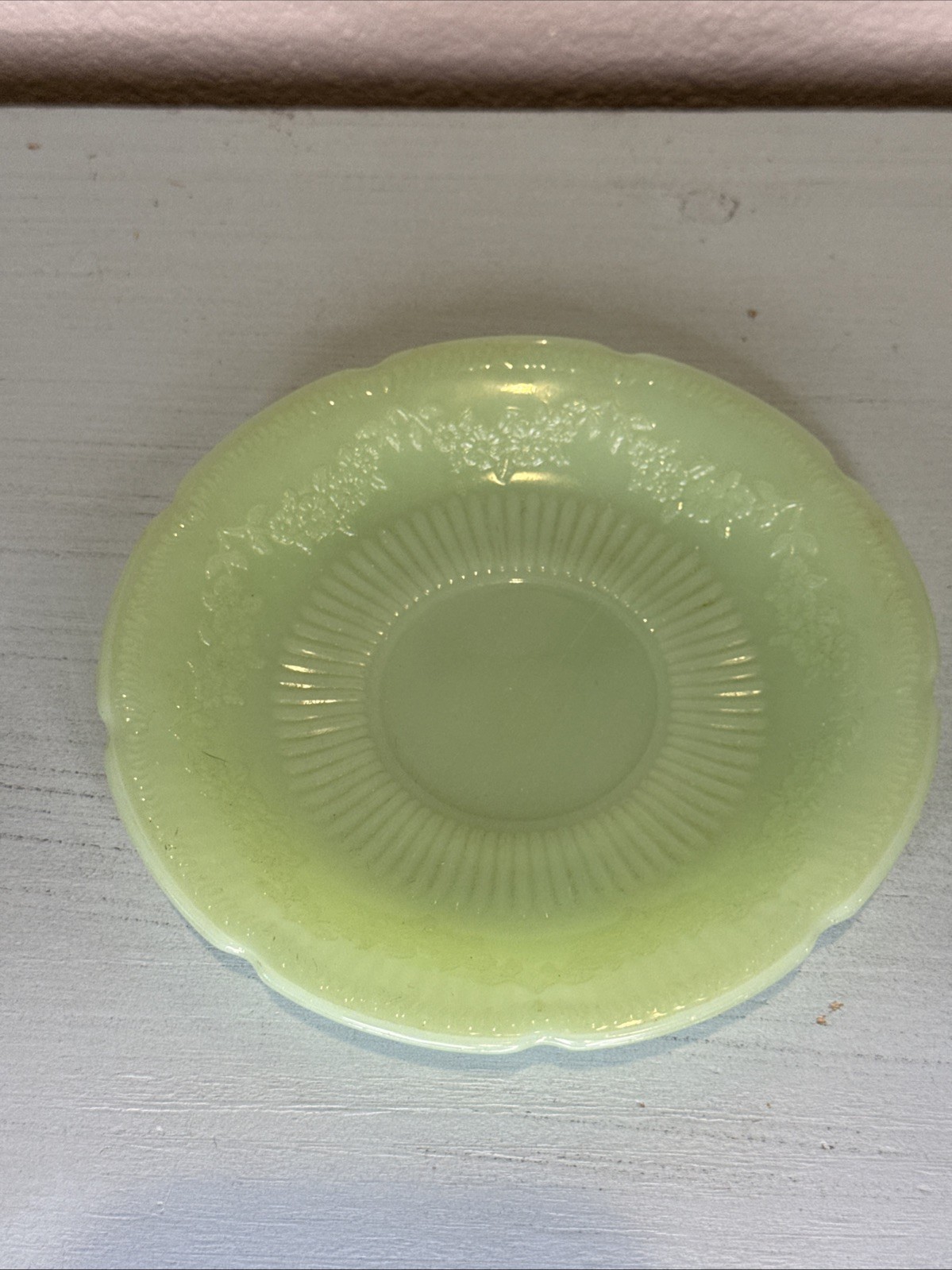 Vintage Fire King Jadeite Alice 6” Saucer Floral Scalloped Edge OVEN GLASS