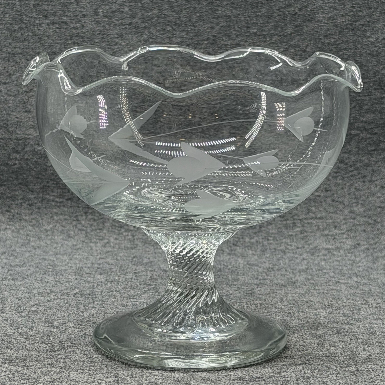 Vintage Glass Footed Pedestal Candy Dish Fruit Bowl Etched Floral Design 5 Inch