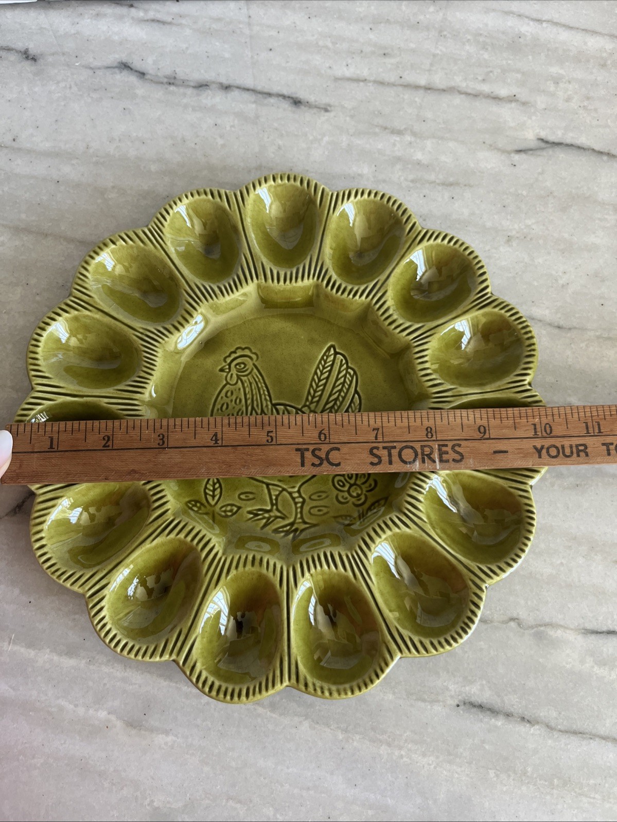 Vtg. California Pottery Deviled Egg Platter Olive Green Hen Chicken S29 USA