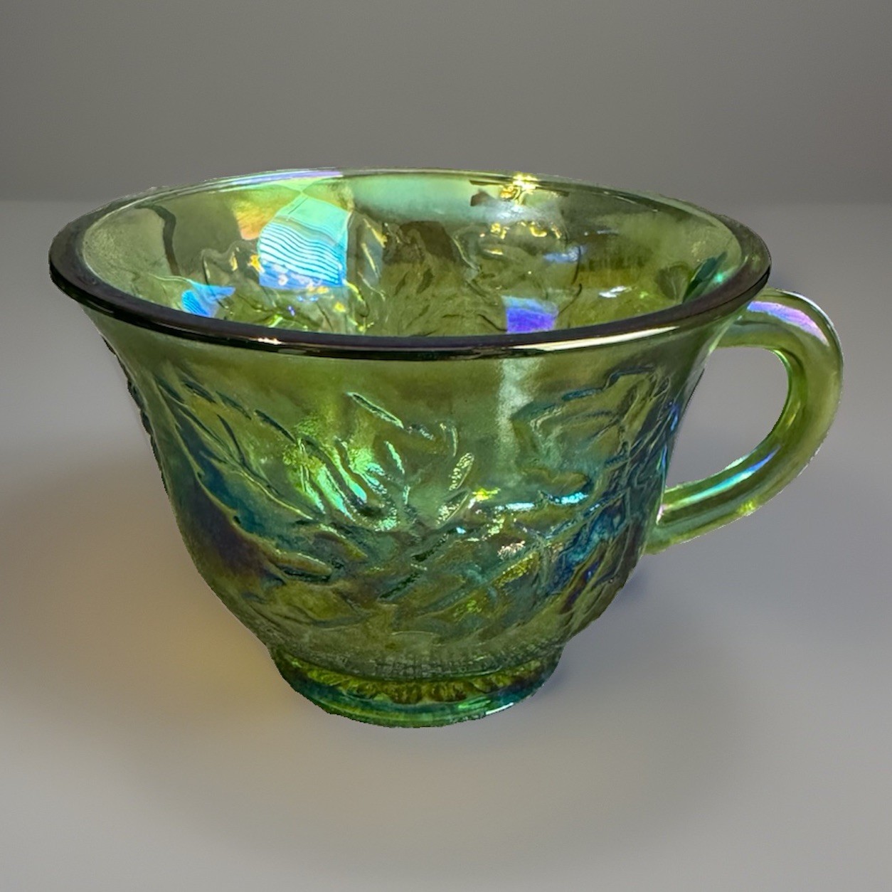 Vintage Indiana Glass Green Carnival Harvest Grape Punch Bowl 12 Cups 9 Hooks
