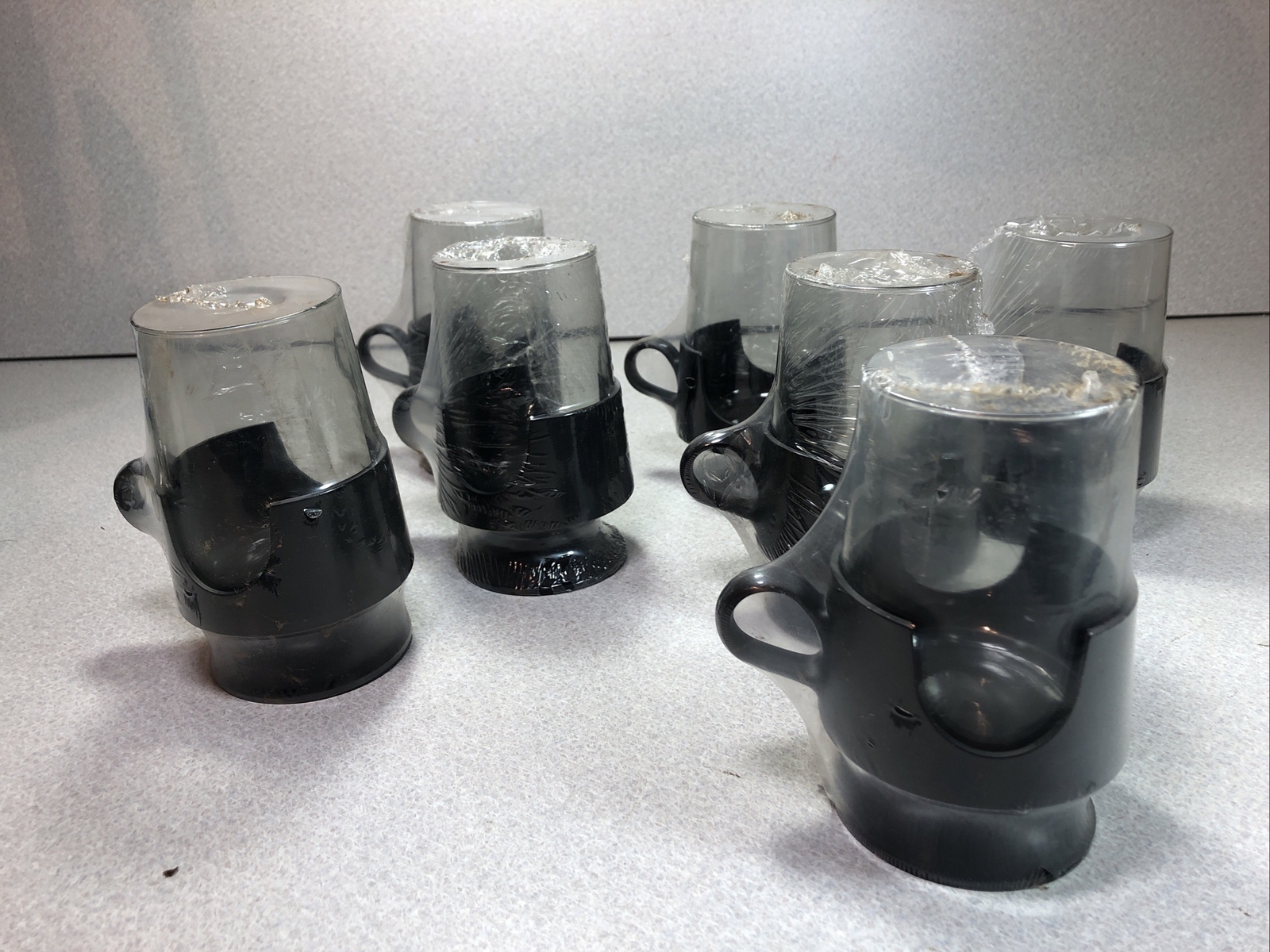 NEW Set of 7 Vintage Corning Glas-Snap Mugs Black Base Glassware 8oz Hot Cold