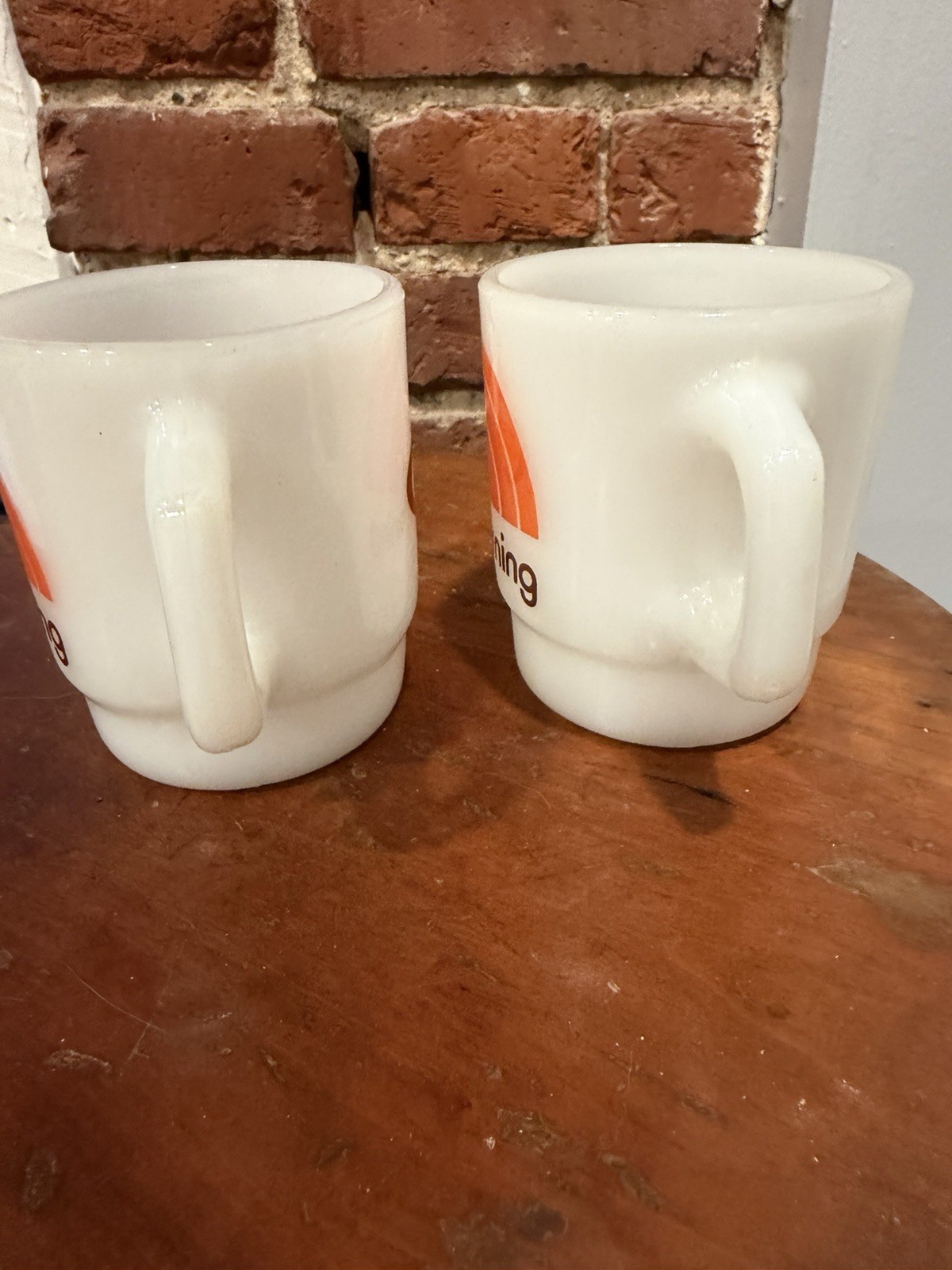 Lot of 2 Vtg Fire King Burger Queen Good Morning Milk Glass Stacking Mugs HTF