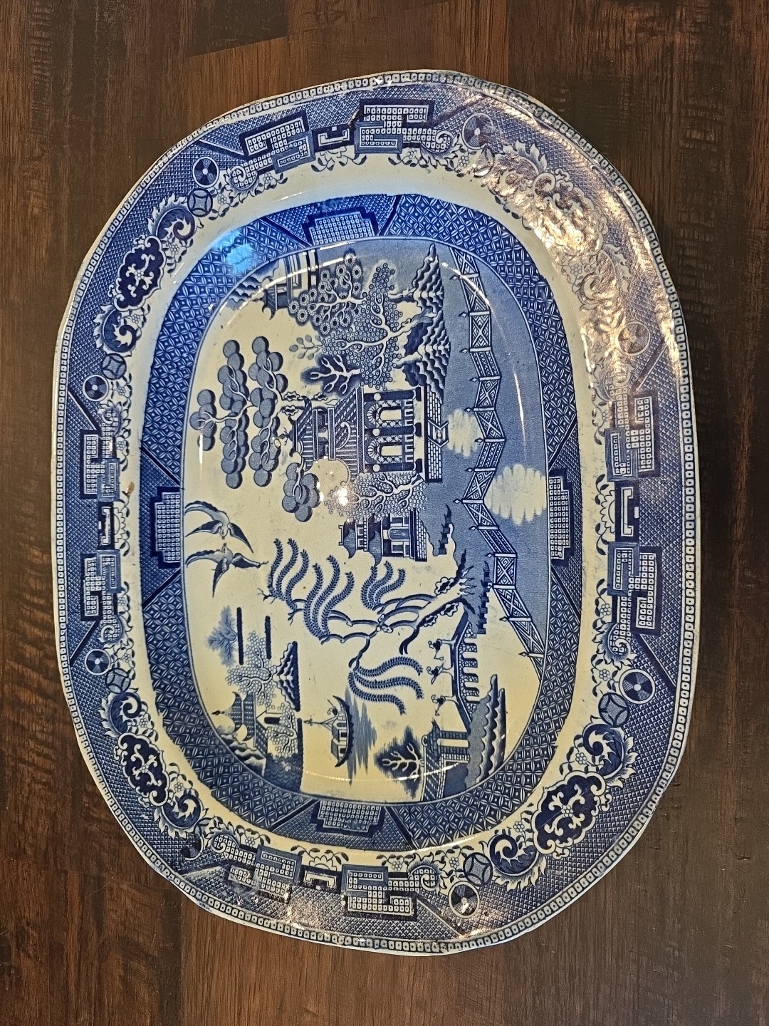 Blue Willow Oval 15.5 X 12.5In Oval Platter Very Old Plate imperfections