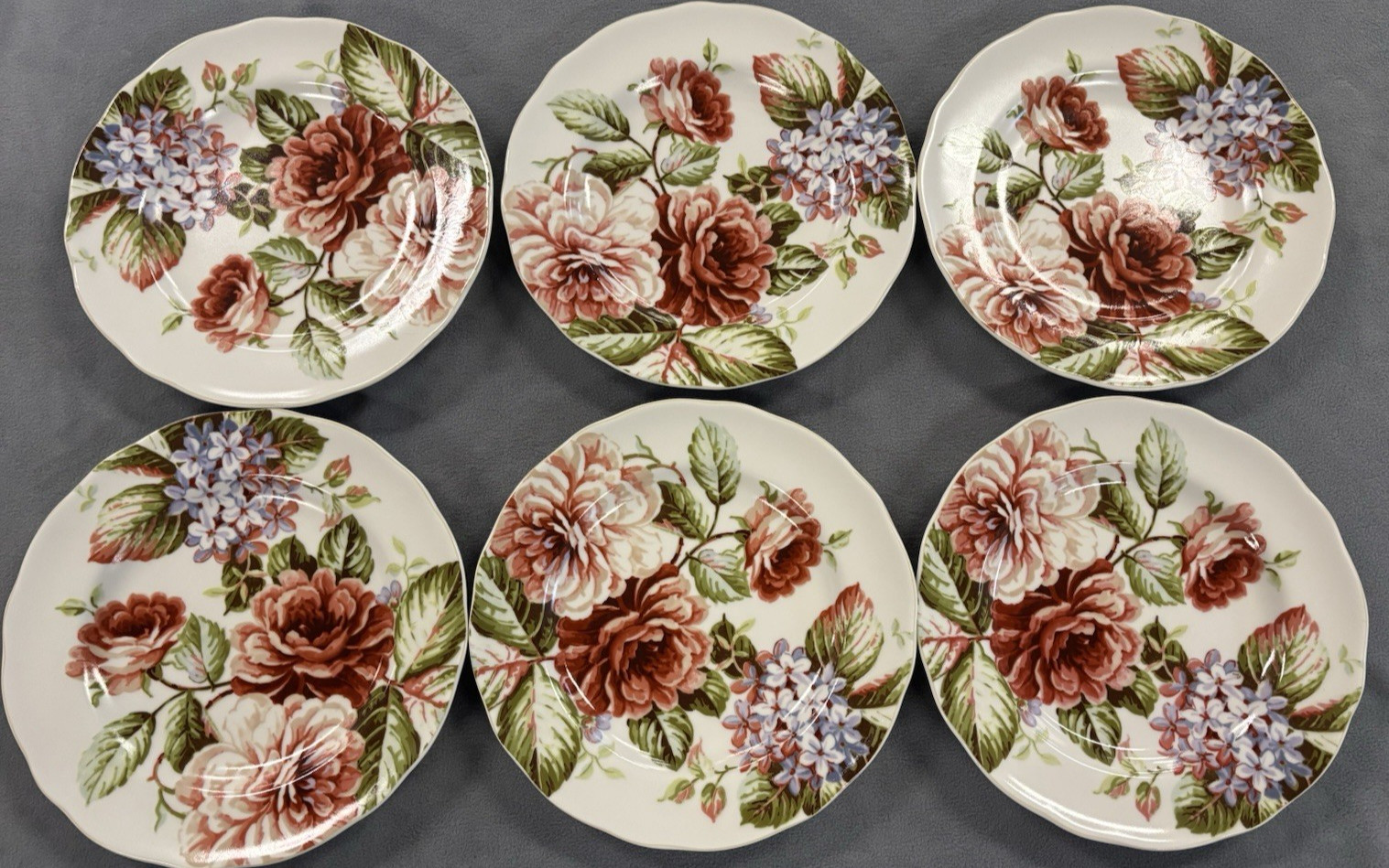 222 Fifth Heidi Dinner Plates Set of 6 11” Pink Roses Scalloped