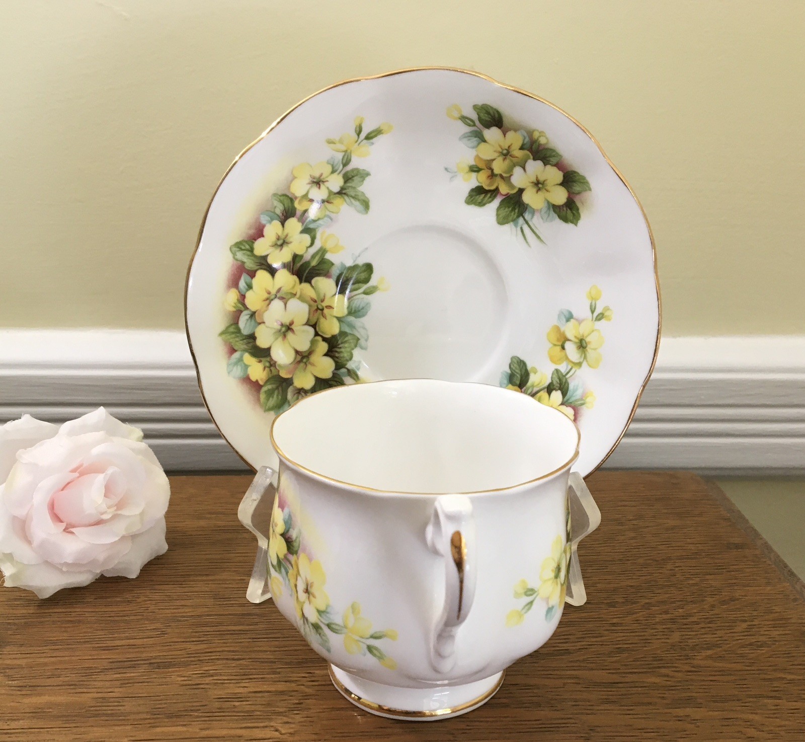 Royal Albert Teacup Saucer Set Bone China Yellow Primrose England Vintage 1960s