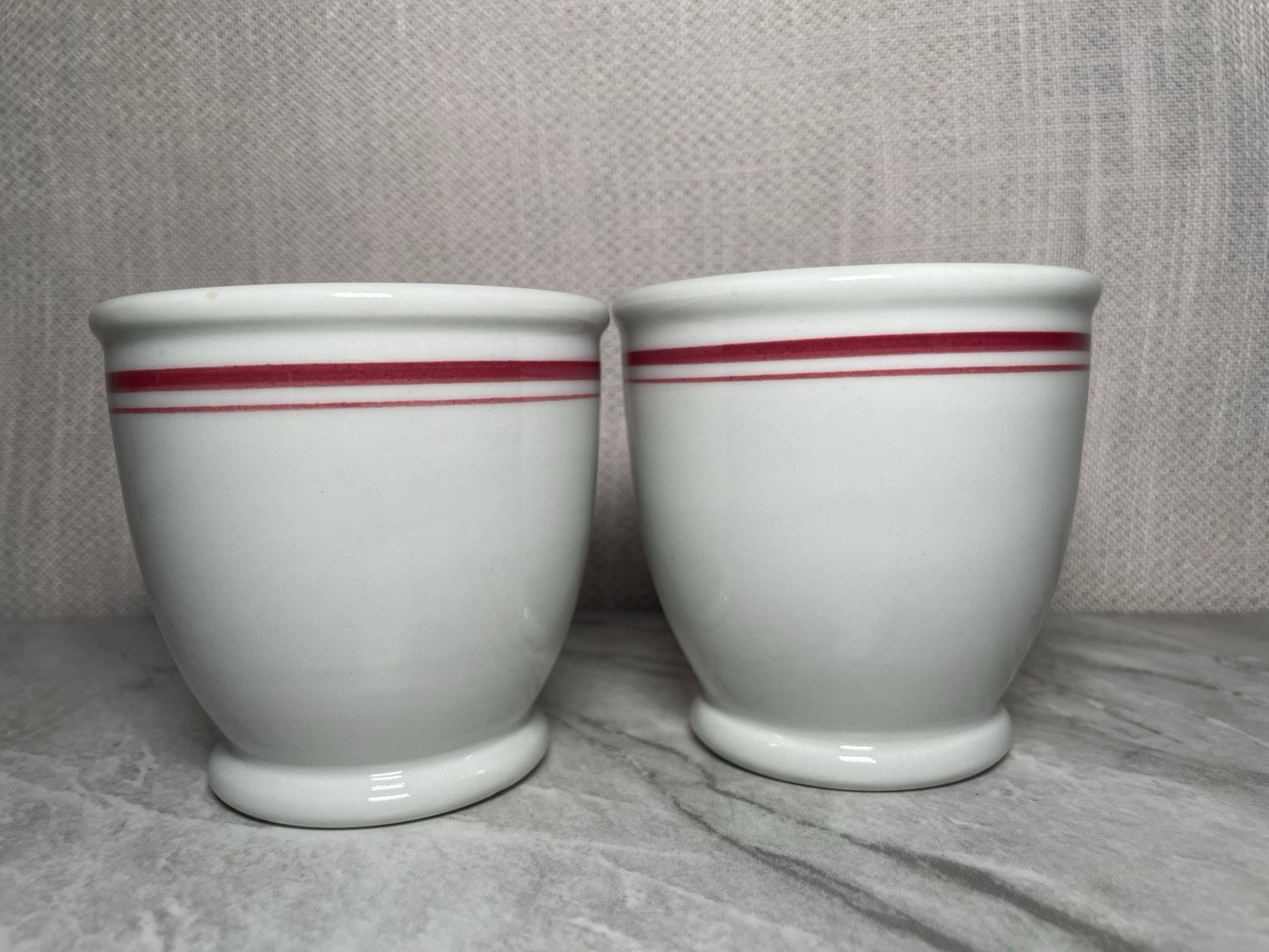 2 Vintage Shenango China medical Hospital Cups US Logo Red Stripe 3.25 X 3.25