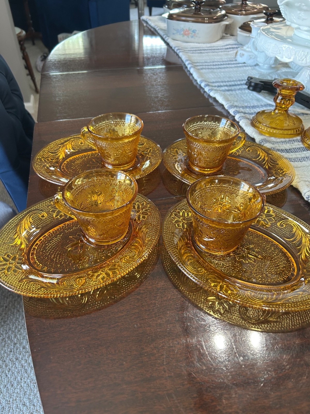 Vintage Indiana Glass Tiara Exclusives Amber Sandwich Pattern Snack Set of 4