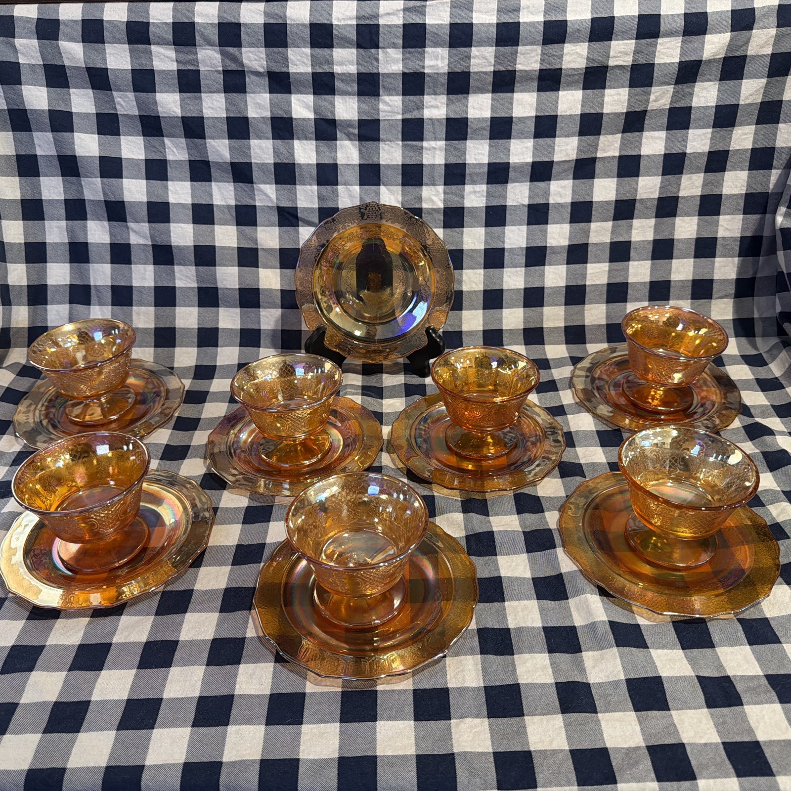 15~ Federal Carnival Glass NORMANDIE Bouquet & Lattice Marigold Footed Sherbet