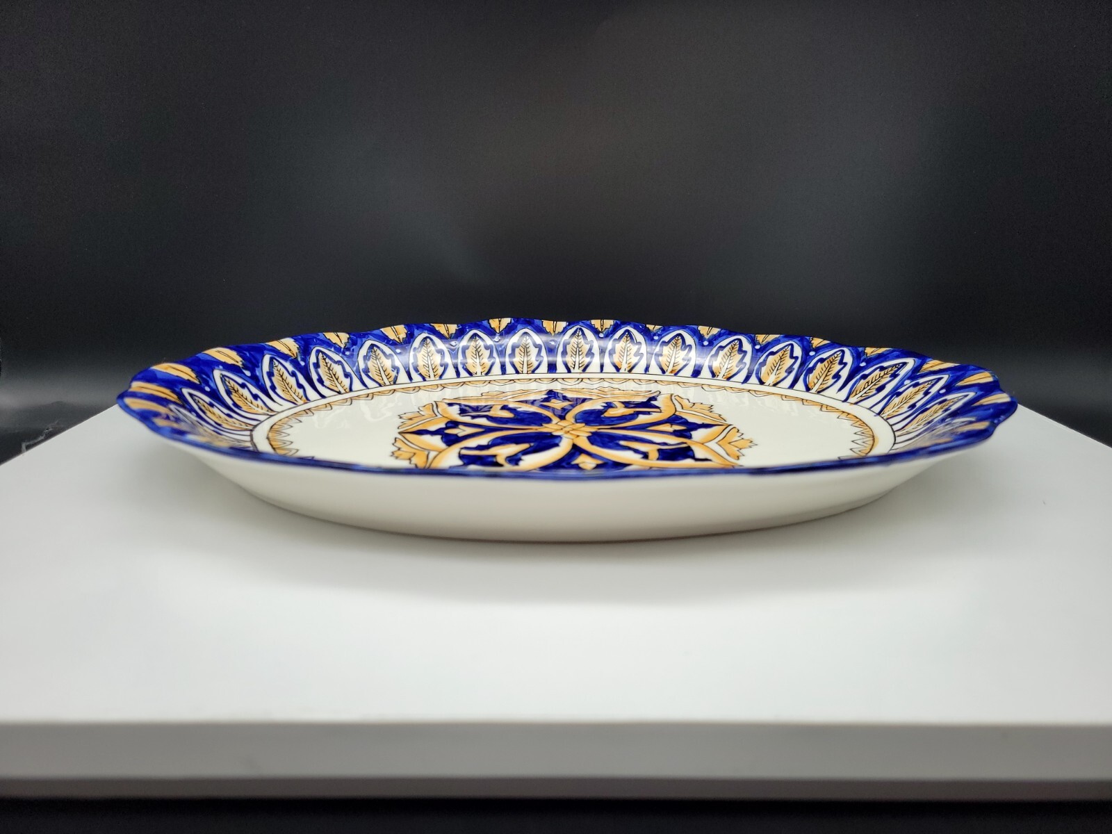 I. Godinger Italian Platter Scalloped Oval Cobalt Blue and Yellow 11.5″