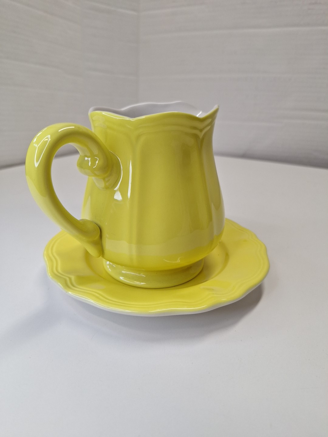 Ironstone Japan Yellow Ceramic Creamer Pitcher w Saucer Plate 4.5″H x 5.5″W