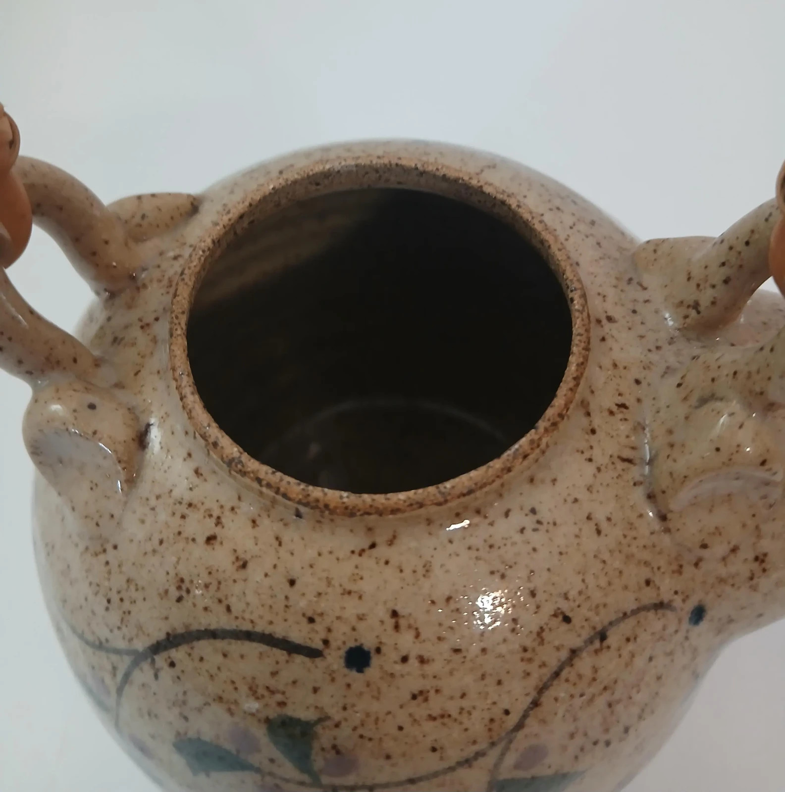 90s Cottagecore Speckled Stoneware Teapot with Bamboo Handle Hand-painted Floral