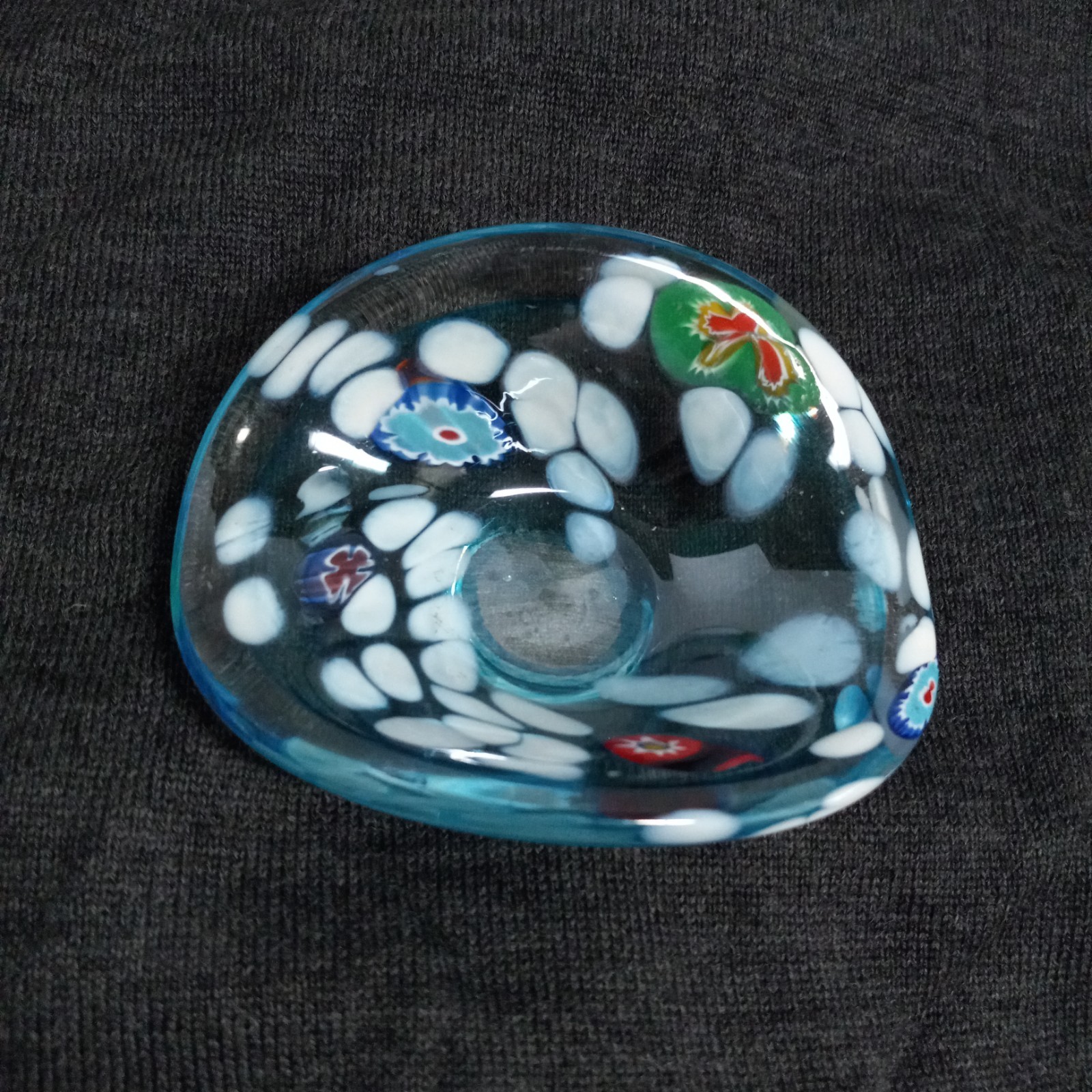 Millefiori Art Glass Multicolor Floral Blue Green Red Trinket Candy Dish 4″ VGUC