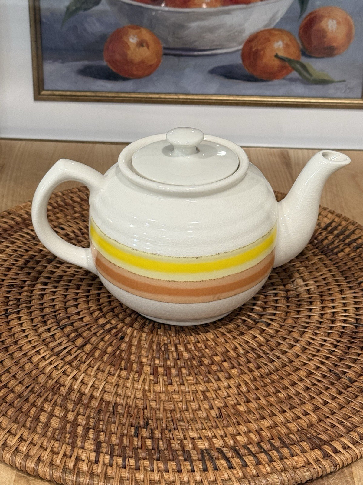 Vintage Teapot Tea Pot Stoneware Japan w/ Lid Ceramic Pottery Orange Stripe