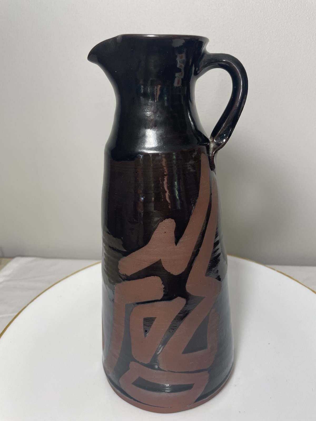 Redware Art Pottery Pitcher Vase Signed SE Abstract Mashiko Style