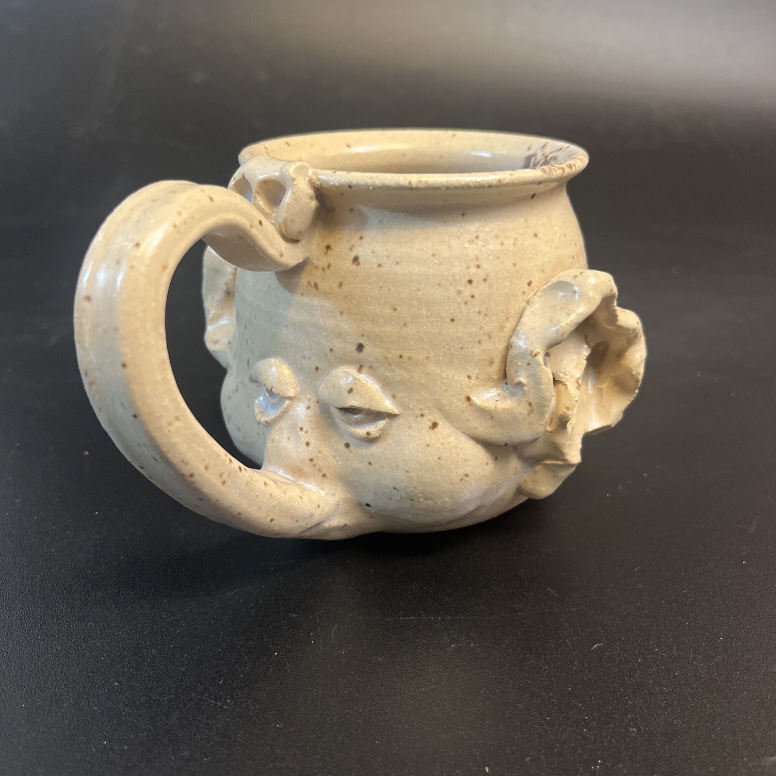 Vtg Stoneware Studio Art Pottery Elephant Funny Face Mug Coffee Cup Signed Trunk
