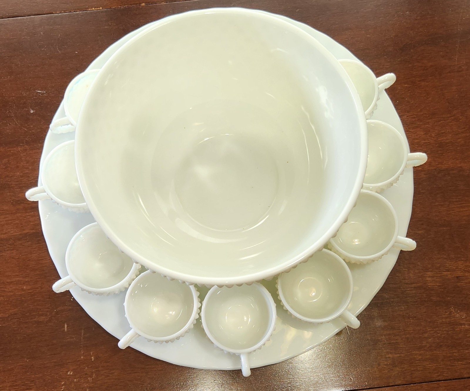 Vintage Fenton Hobnail Milk Glass Punch Bowl Set 9 Cups~