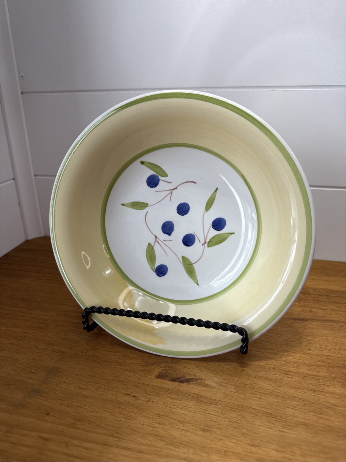 Vintage CMS Italy Hand Painted Blue Berry Bowl 8.25” Yellow Green Rim