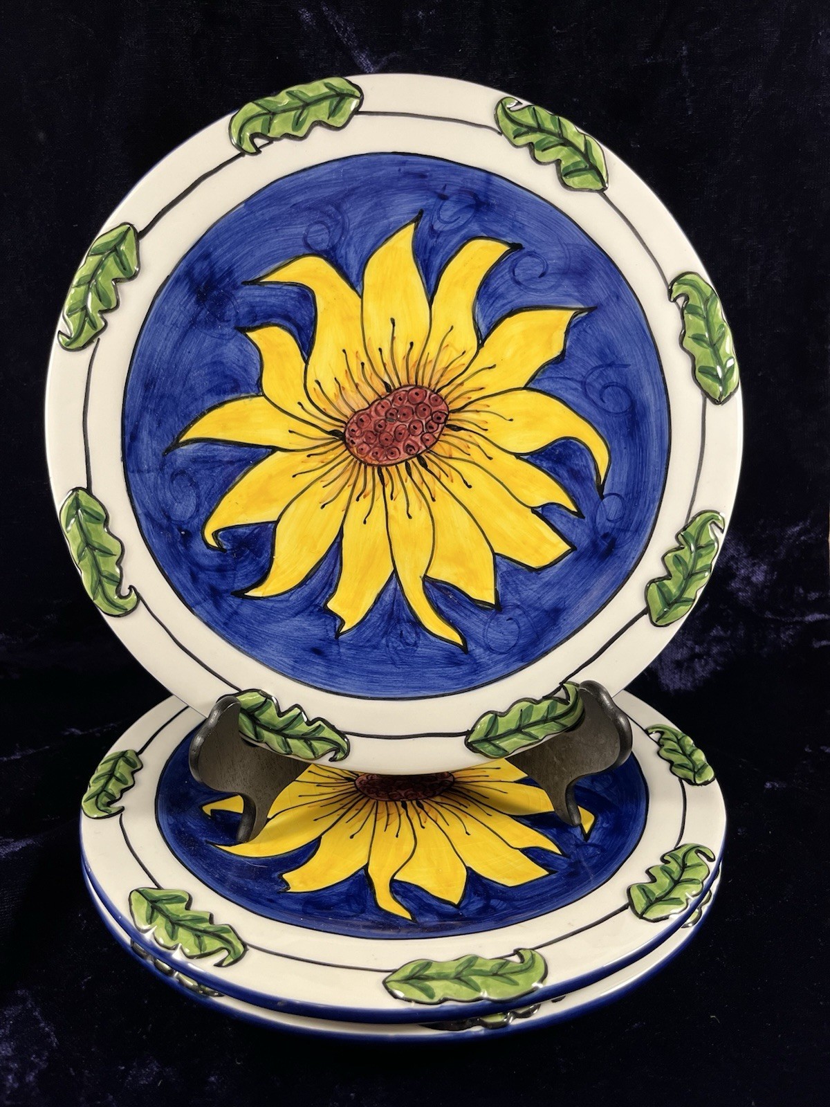 Tika Lotus Int’l Sunflower Dinner Plates Cobalt Blue Yellow Set Of 3 **READ**