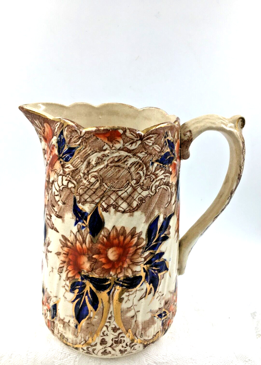 Vintage/Antique Pitcher Rust & Orange Flowers Cobalt Blue Leaves Gold Unbranded