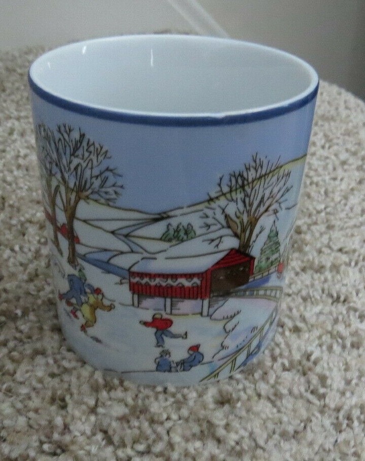 TIFFANY & CO WINTER SCENE MUG COVERED BRIDGE ICE SKATING SLEDDING SNOWBALLS ETC