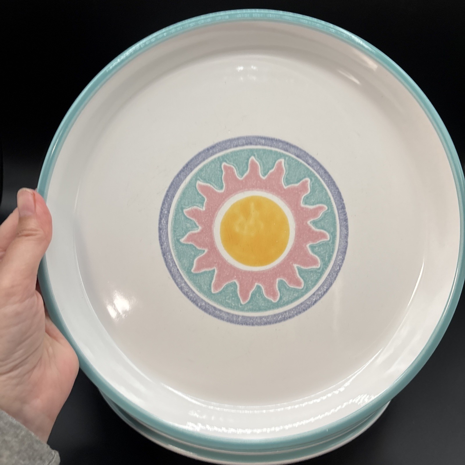 Set Of 5 Dansk Japan COSTA DEL SOL Dinner Plates 10 3/8″ Pink & Yellow Sunburst
