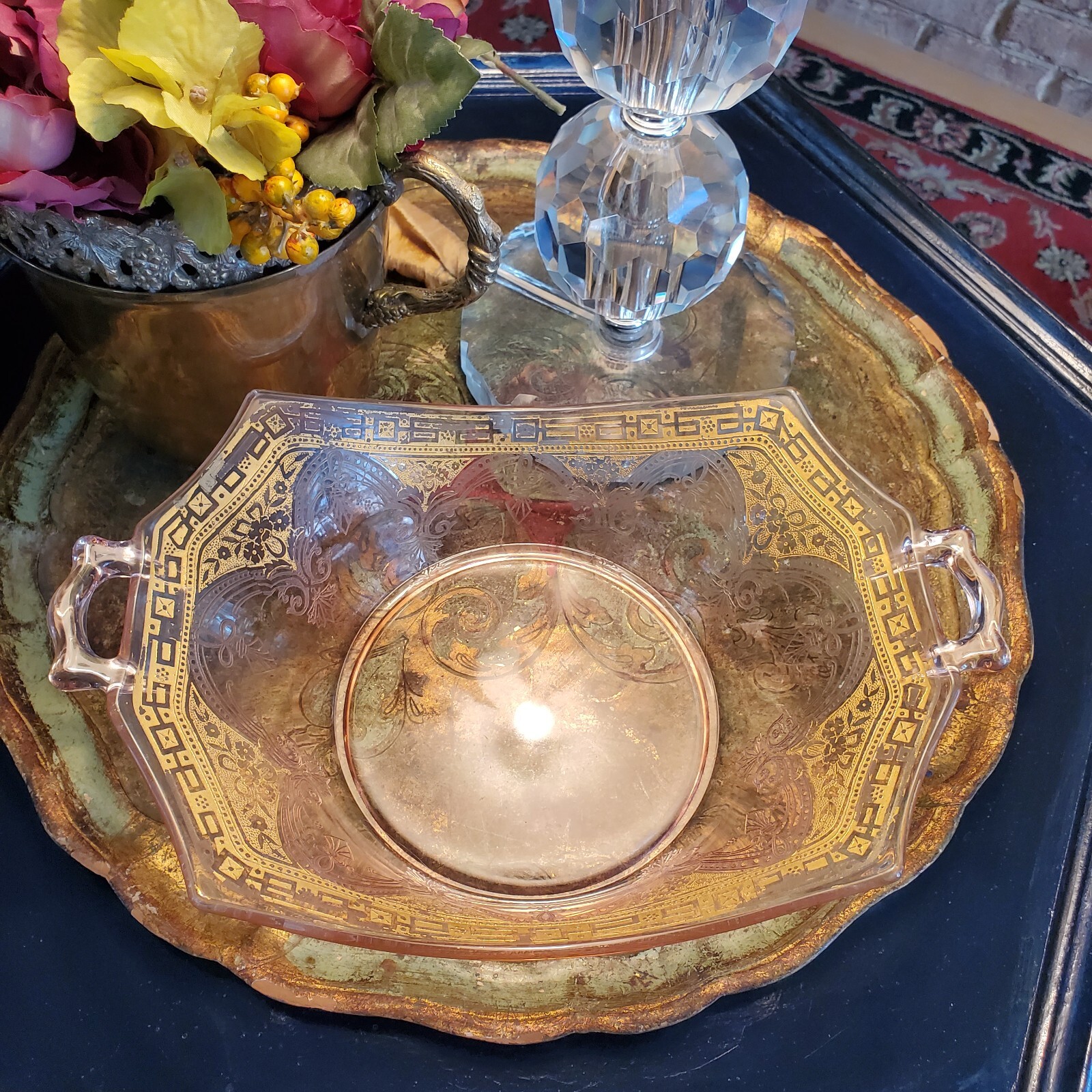 Elegant Pink Depression or Elegant Glass Hexagon Handled Etched Gilded Bowl
