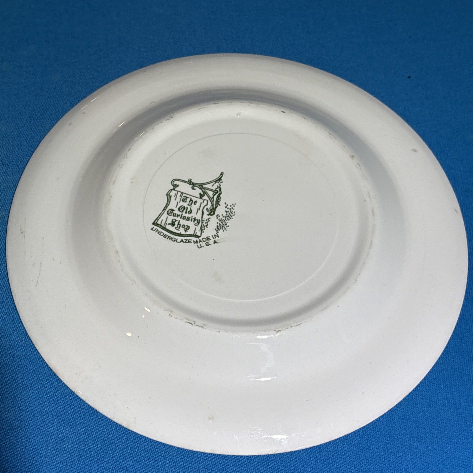 Vtg Royal China The Old Curiosity Shop Green Transferware 10″ Dinner Plate USA