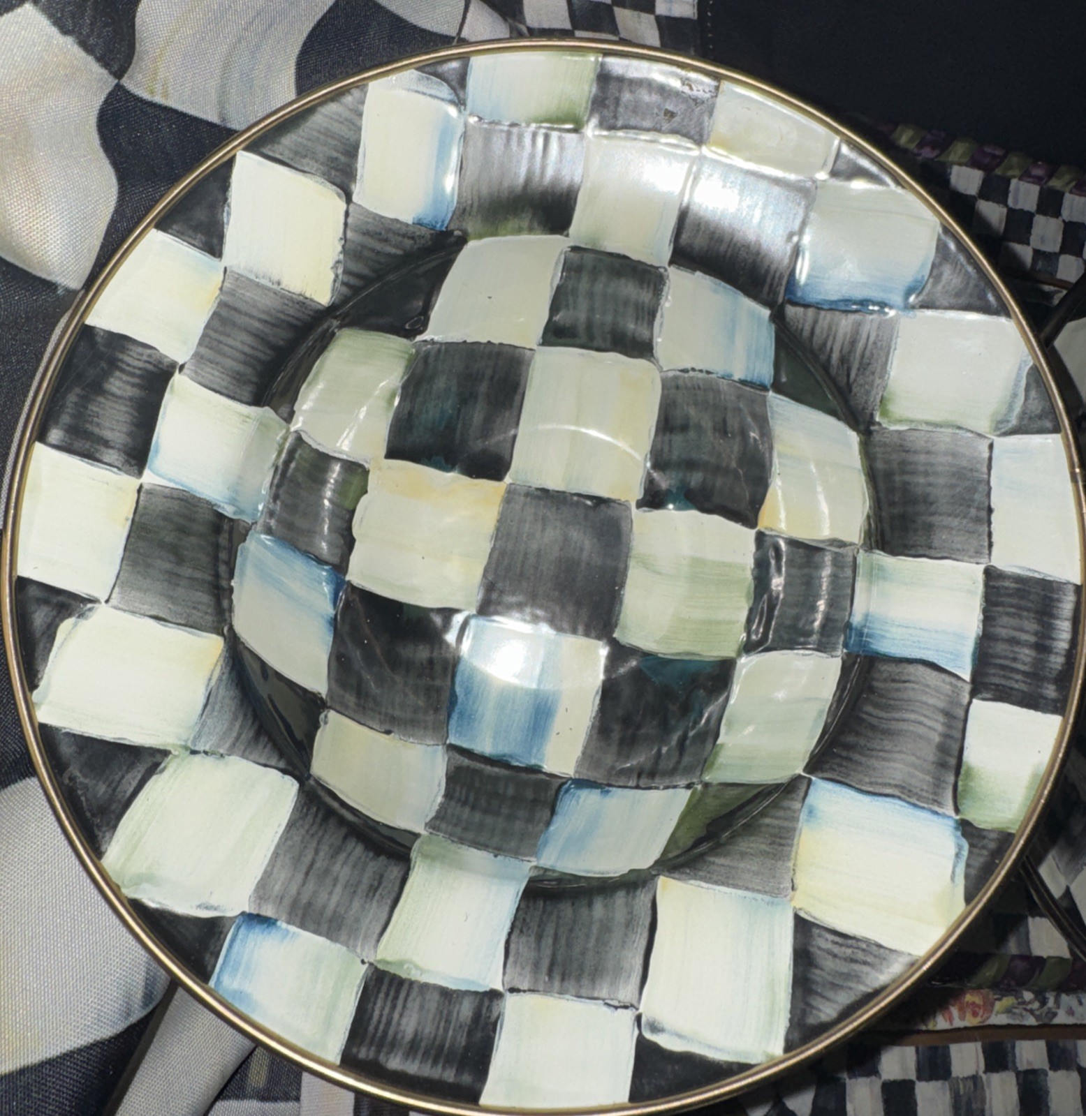 (2) Camp Mackenzie Childs 8” Breakfast Bowls, Courtly Check Enamel