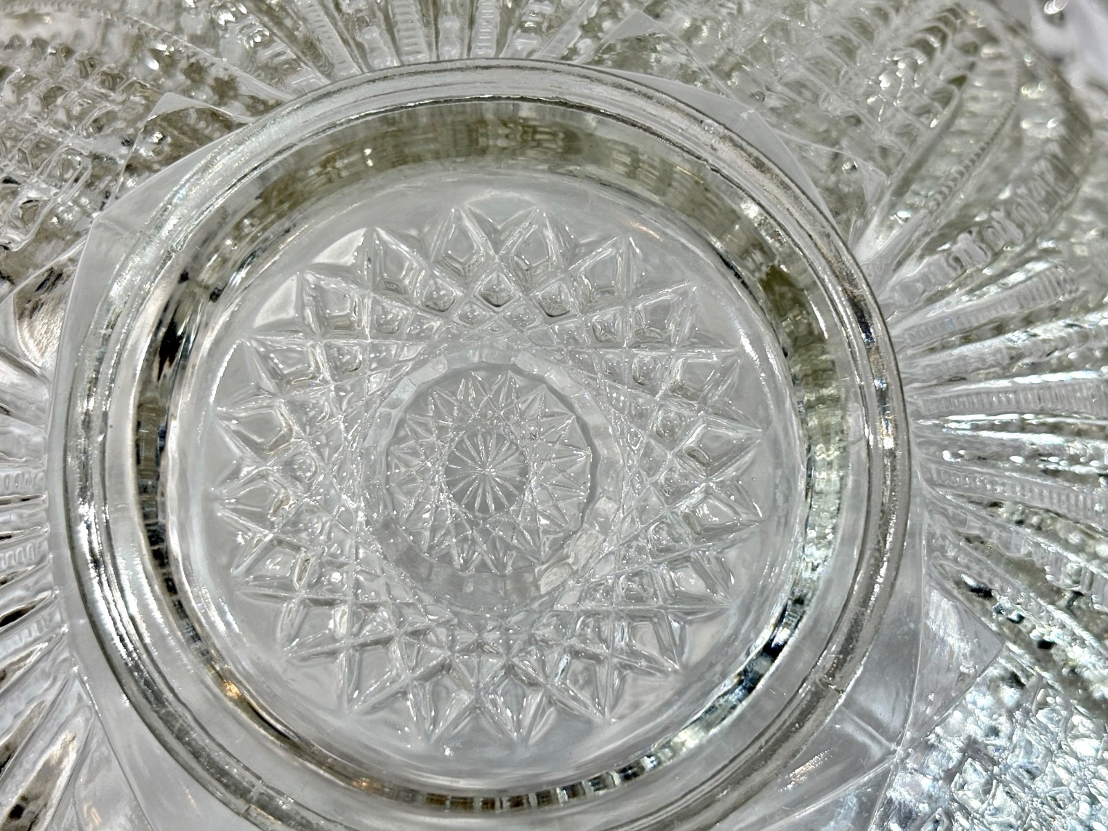 Antique Indiana Glass Paneled Daisy and Fine cut Clear Punch Bowl Base & 6 Cups