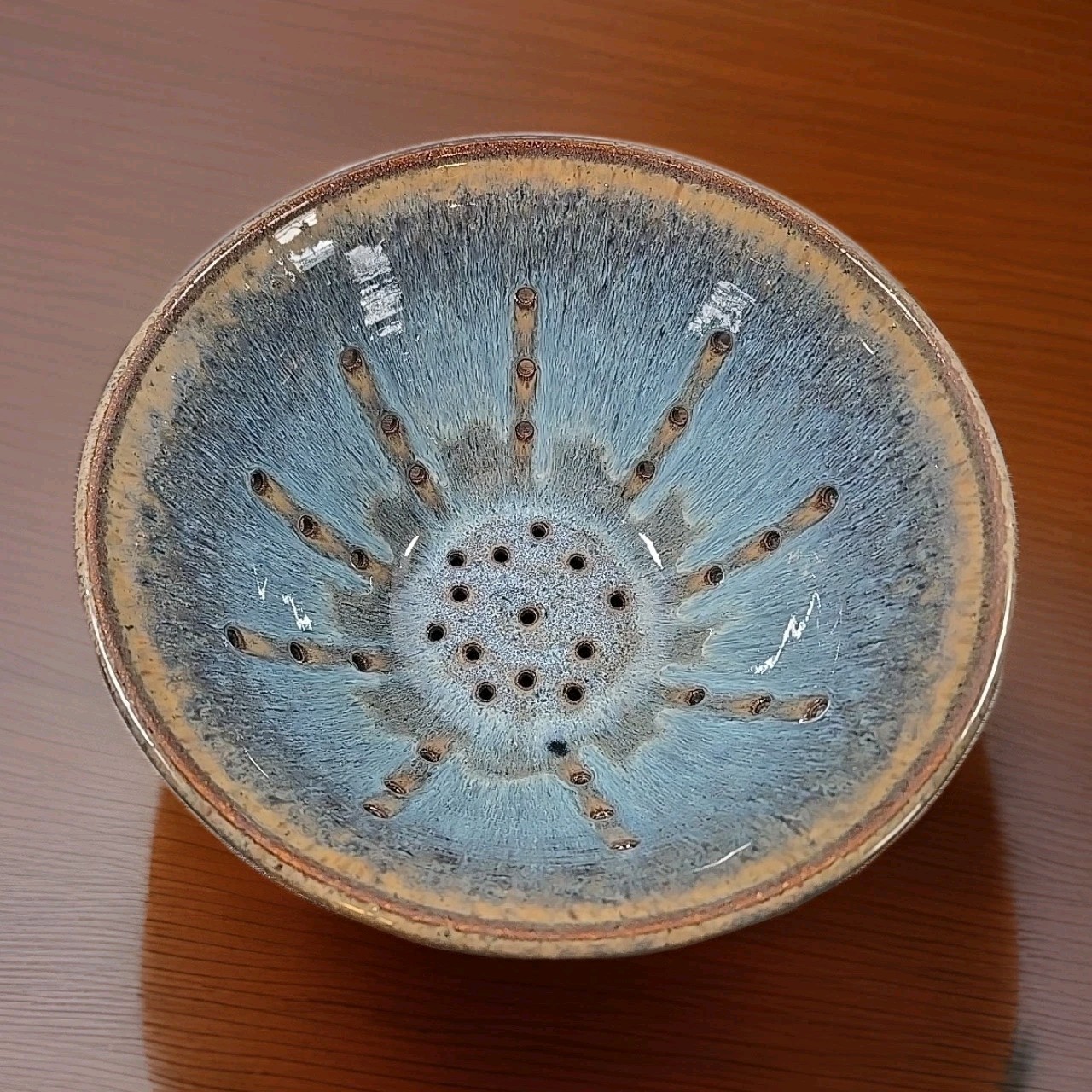 Glazed Pottery Vegetable Strainer Bowl Blue Beige Colander Heavy Kitchenware