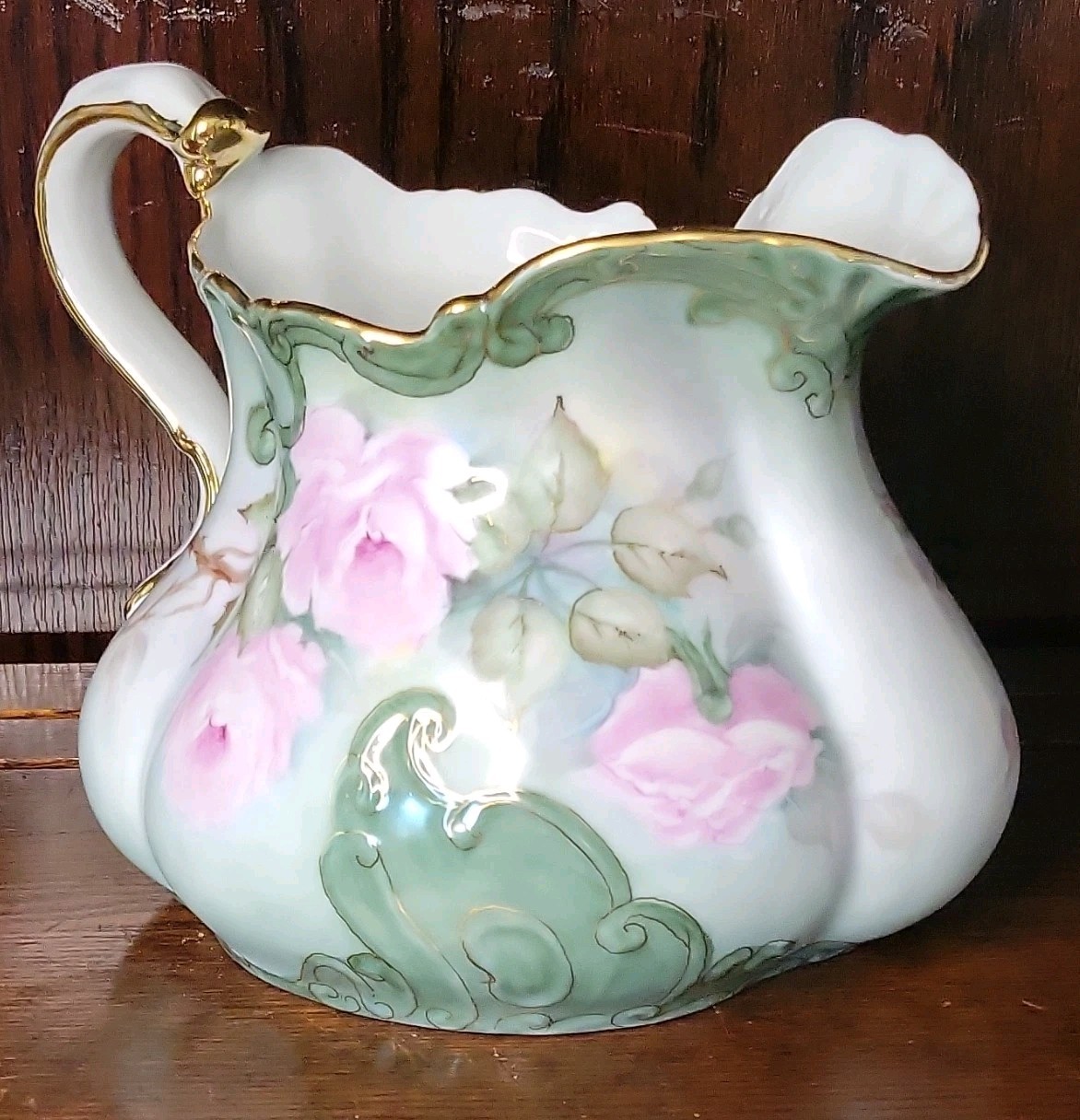 Lefton Heritage Roses Porcelain Pitcher White Pink Green Gold Trim