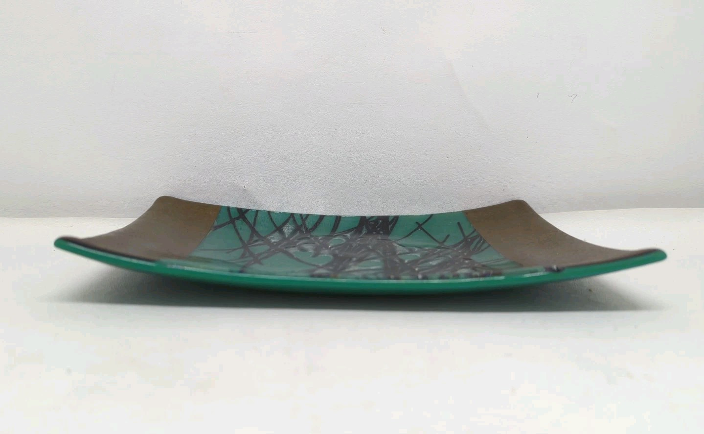 Kurt McVay Signed Fused Art Glass Iridescent Tray Green Black Bronze 9×6 Sushi
